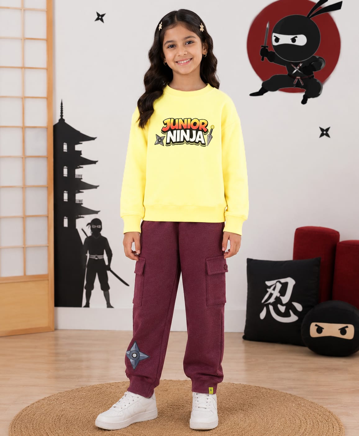 Kiddopanti Fleece Knit Full Sleeves Junior Ninja Text Printed Winter Sweatshirt & Joggers Set - Pop Yellow & Muted Clay-image-18