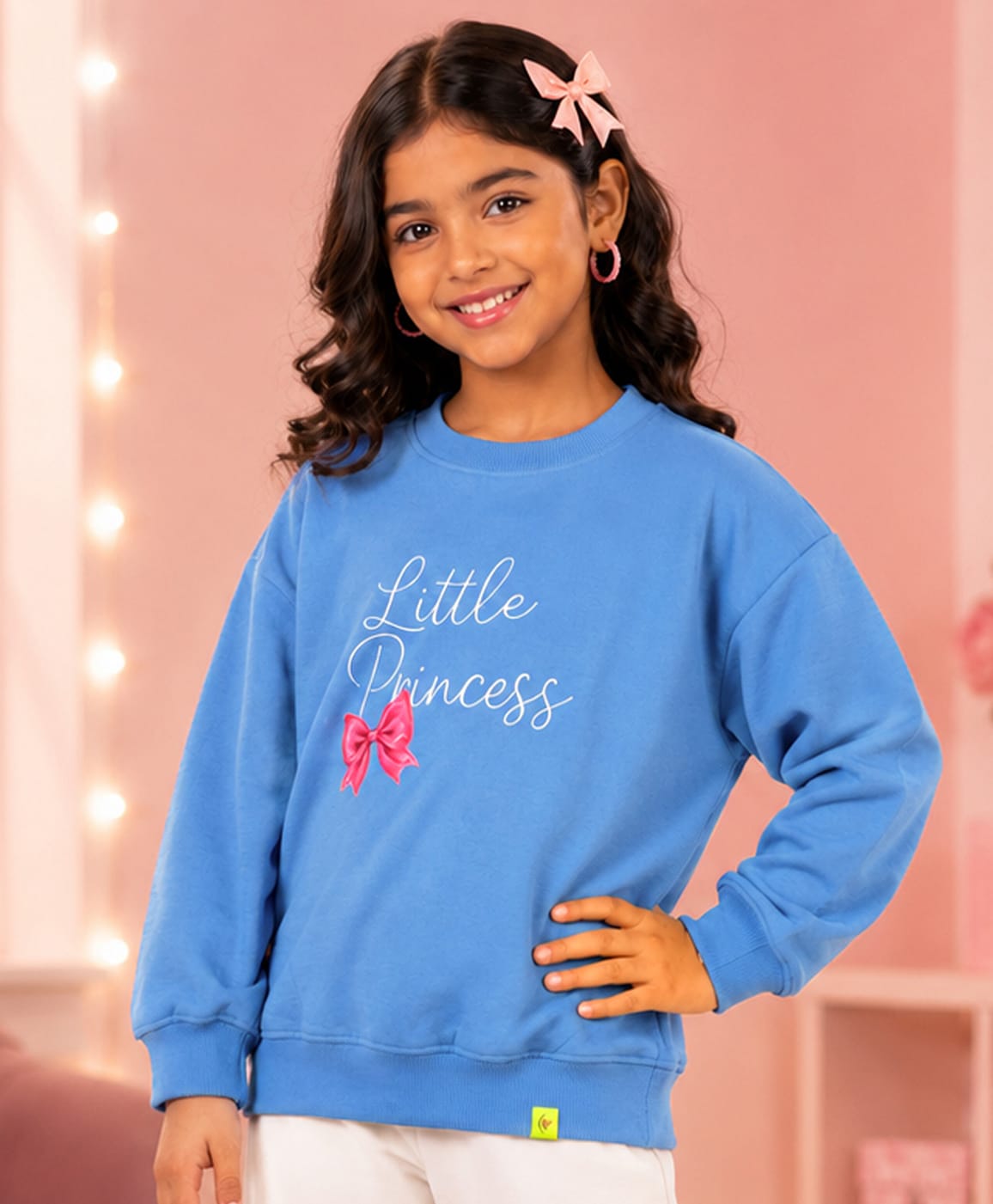 Kiddopanti Fleece Knit Full Sleeves Little Princess Text Printed Light Winter Sweatshirt - Dust Blue-image-16