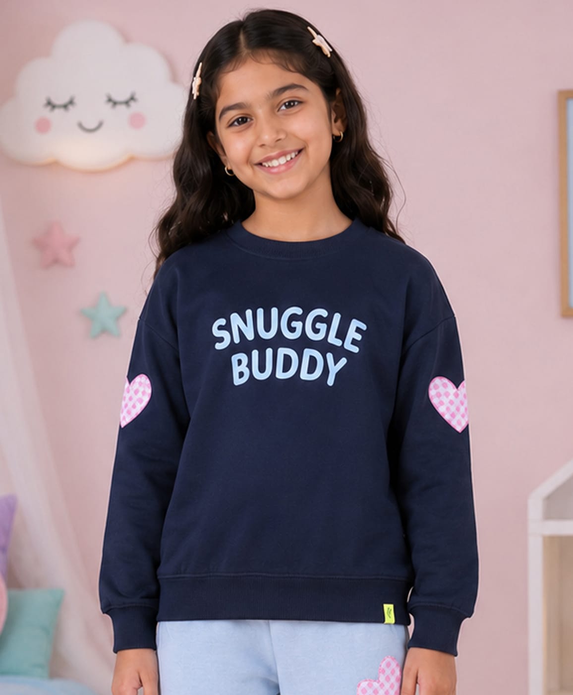 Kiddopanti Fleece Knit Full Sleeves Little Princess Text & Bear Back Printed Light Winter Sweatshirt - Navy Blue-image-42