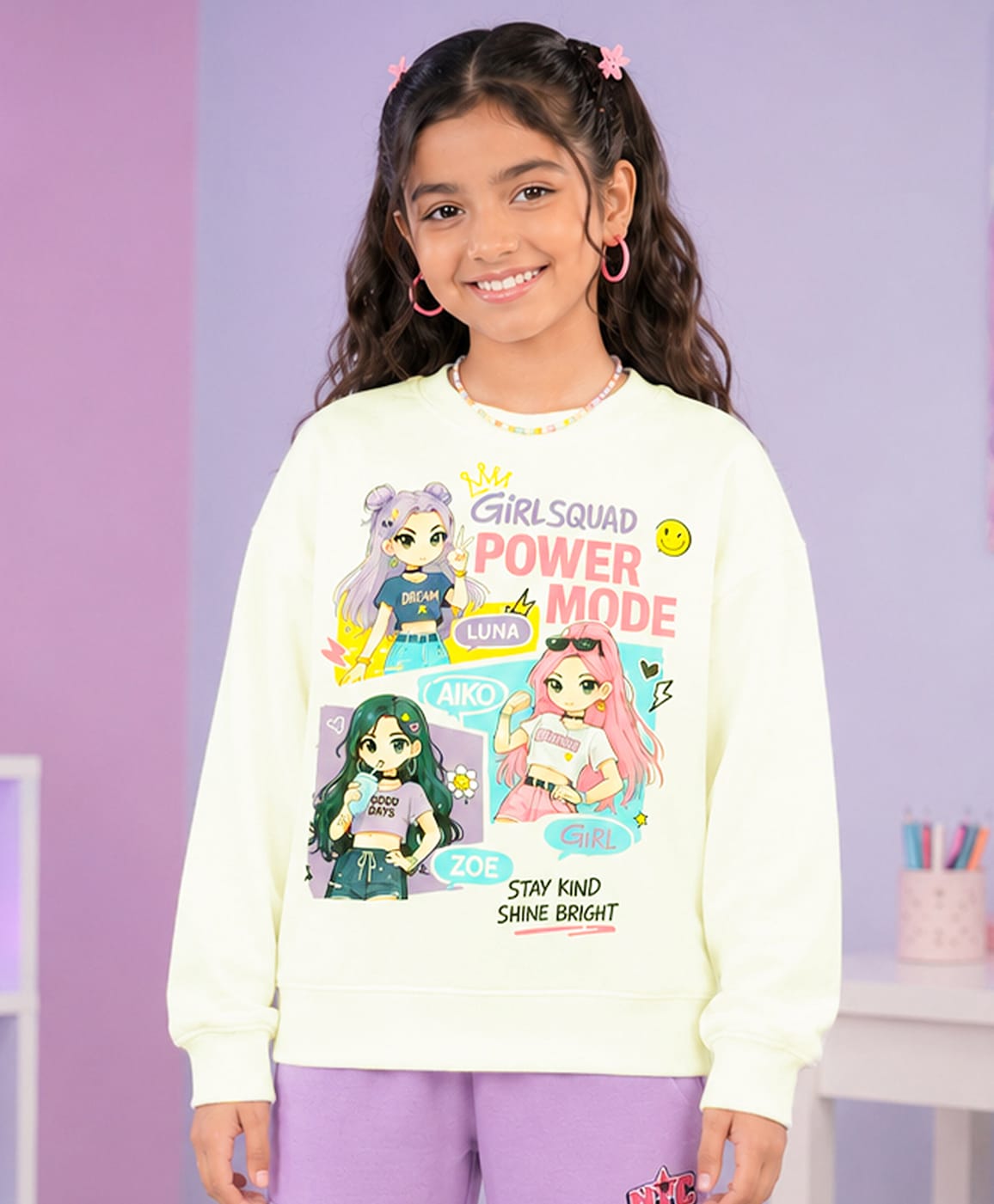 Kiddopanti Fleece Knit Full Sleeves Girls & Power Mode Text Printed Light Winter Sweatshirt - Off White-picture-10