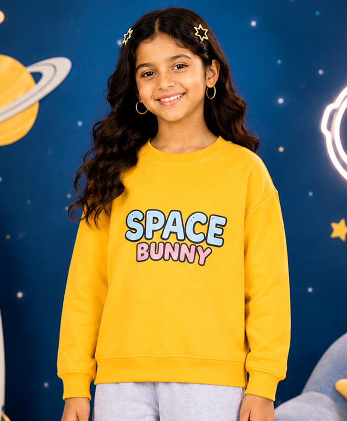 Kiddopanti Fleece Knit Full Sleeves Space Bunny Text & Bunny Back Printed Light Winter Sweatshirt - Cyber Yellow-image-12