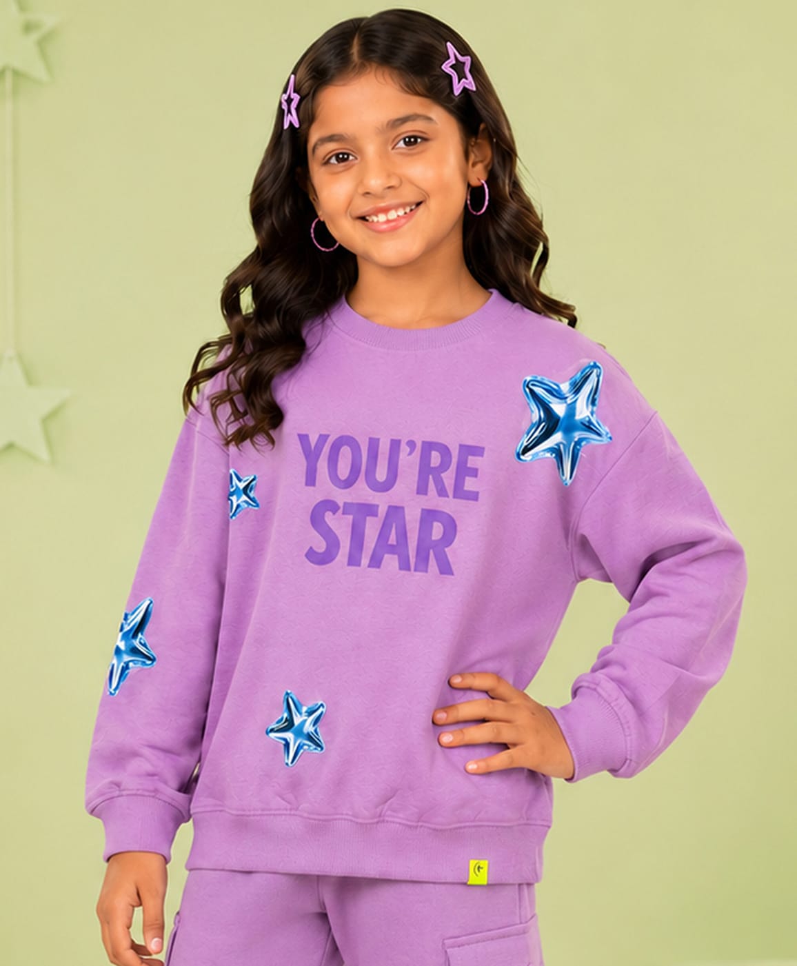 Kiddopanti Fleece Knit Full Sleeves Stars & You Are A Star Text Back Printed Light Winter Sweatshirt - Lilac-picture-30