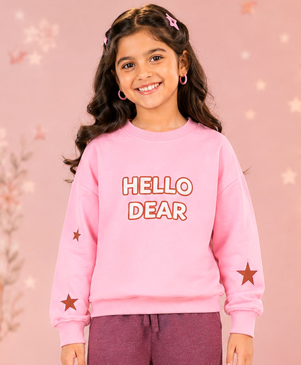 Kiddopanti Fleece Knit Full Sleeves Hello Dear Text & Deer Back Printed Light Winter Sweatshirt - Baby Pink-image-40