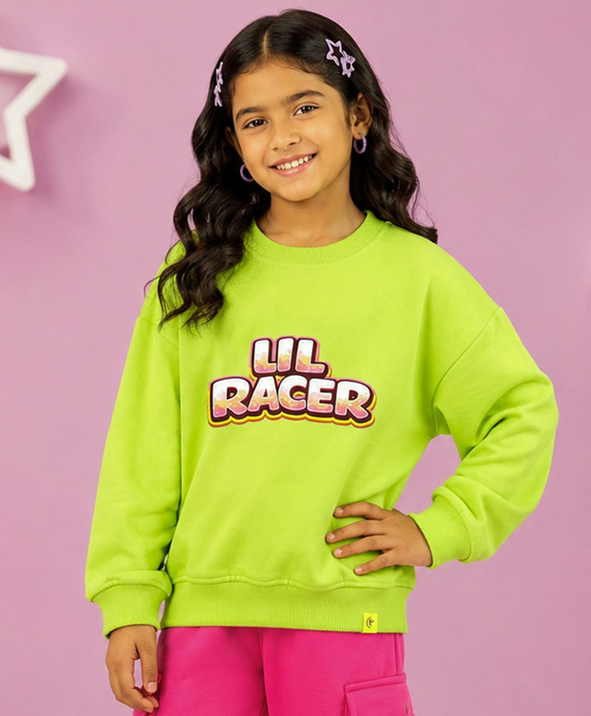 Kiddopanti Fleece Knit Full Sleeves Little Racer Text & Racing Car Back Printed Light Winter Sweatshirt - Neon Green-picture-14