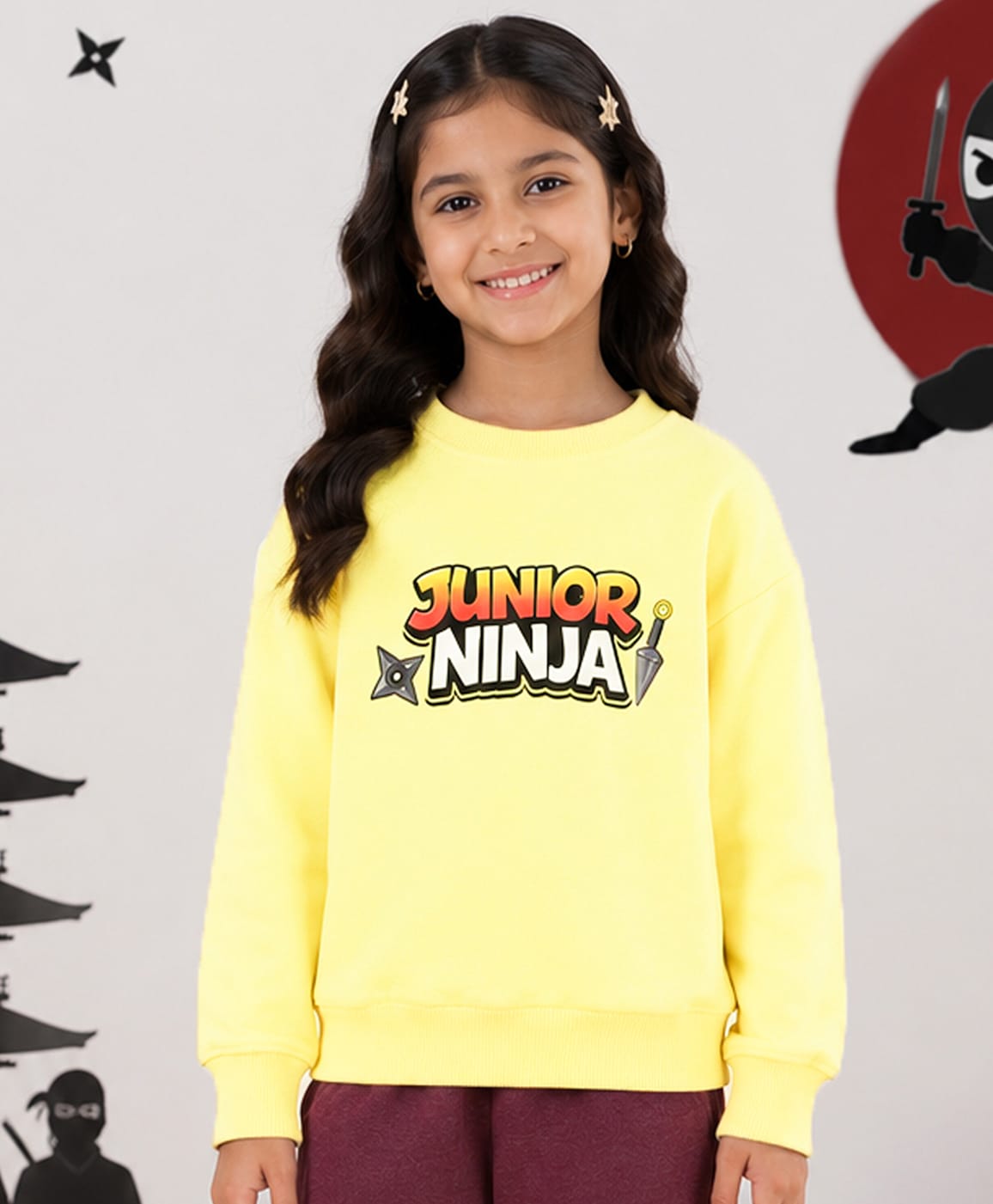 Kiddopanti Fleece Knit Full Sleeves Junior Ninja Text & Ninja Girl Back Printed Light Winter Sweatshirt - Pop Yellow-image-29