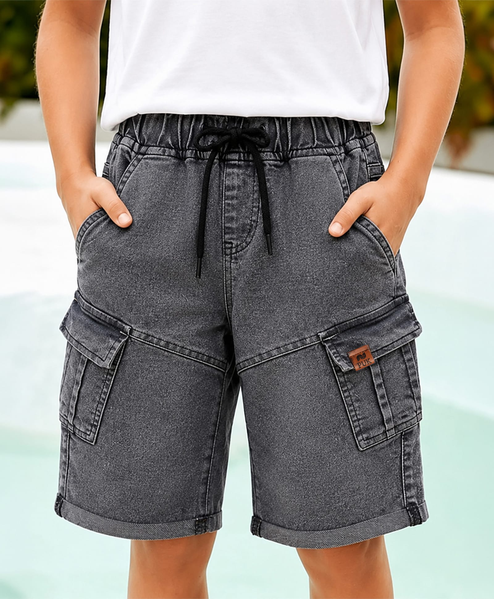 PURPLE UNITED KIDS Denim Woven Brand Name Patch Detailed Washed Cargo Shorts - Dark Grey-image-5