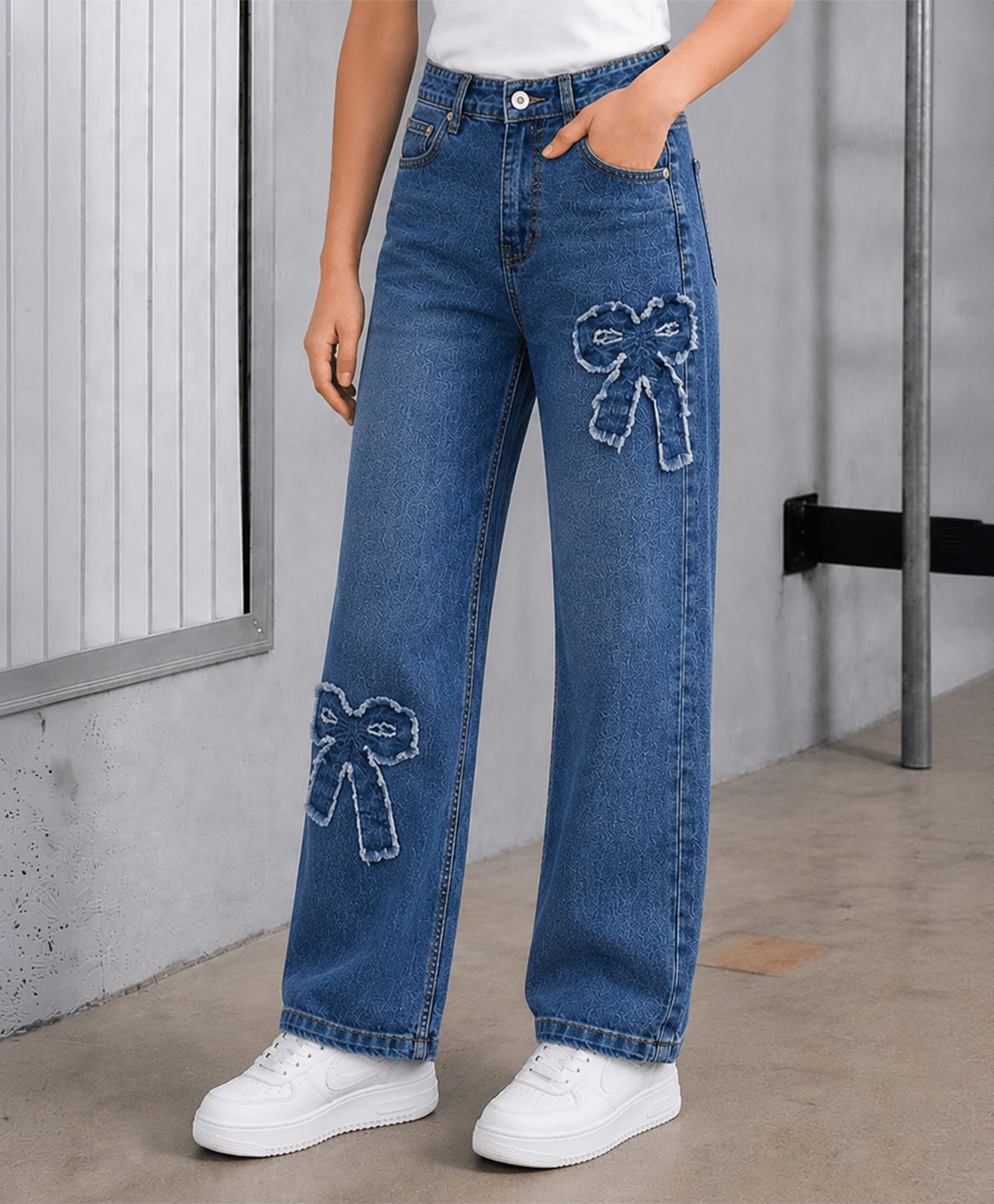 PURPLE UNITED KIDS Denim Knit Bow Applique Detailed Washed Jeans - Dark Blue-picture-16