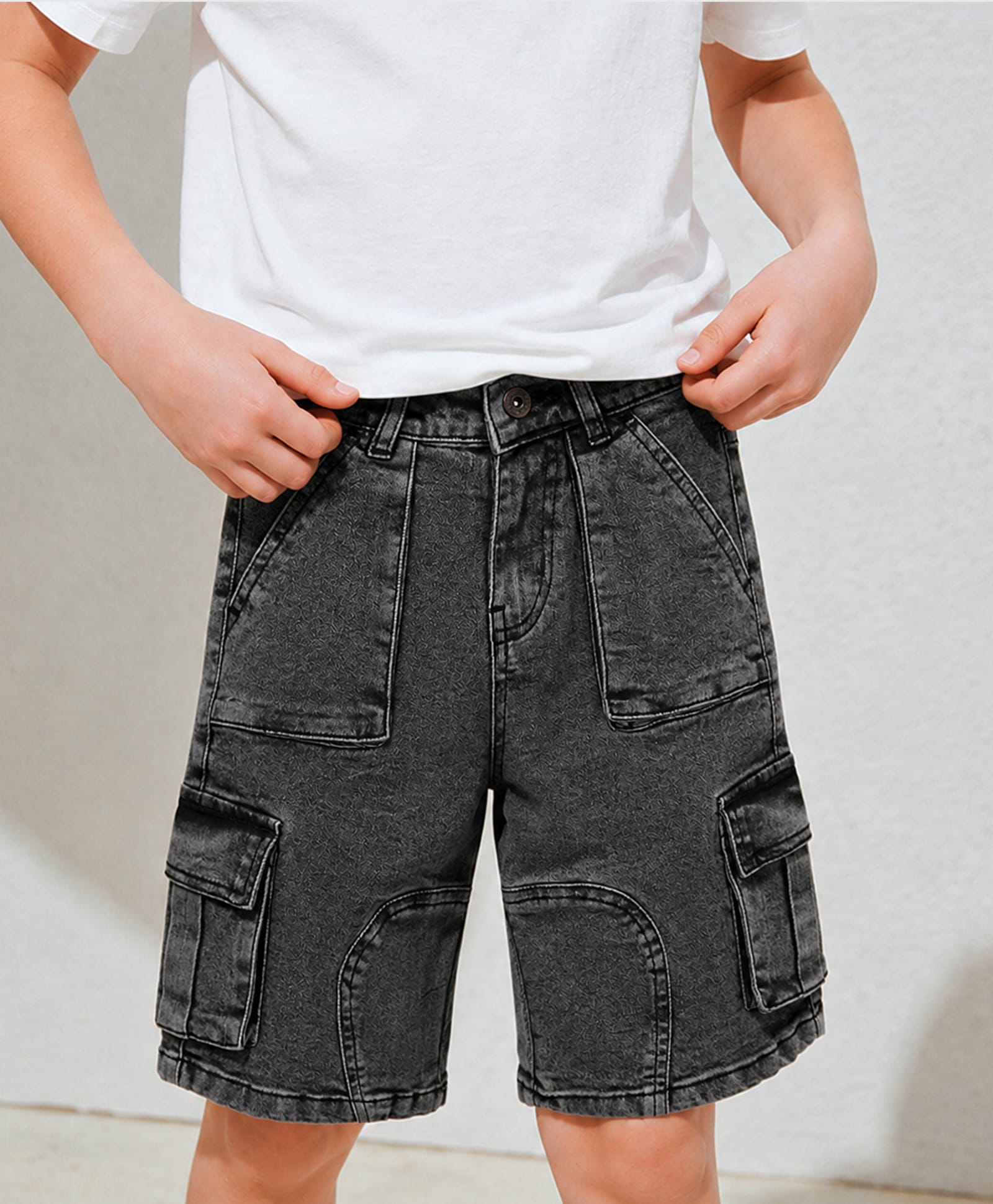 PURPLE UNITED KIDS Denim Woven Washed Cargo Shorts - Grey-image-17