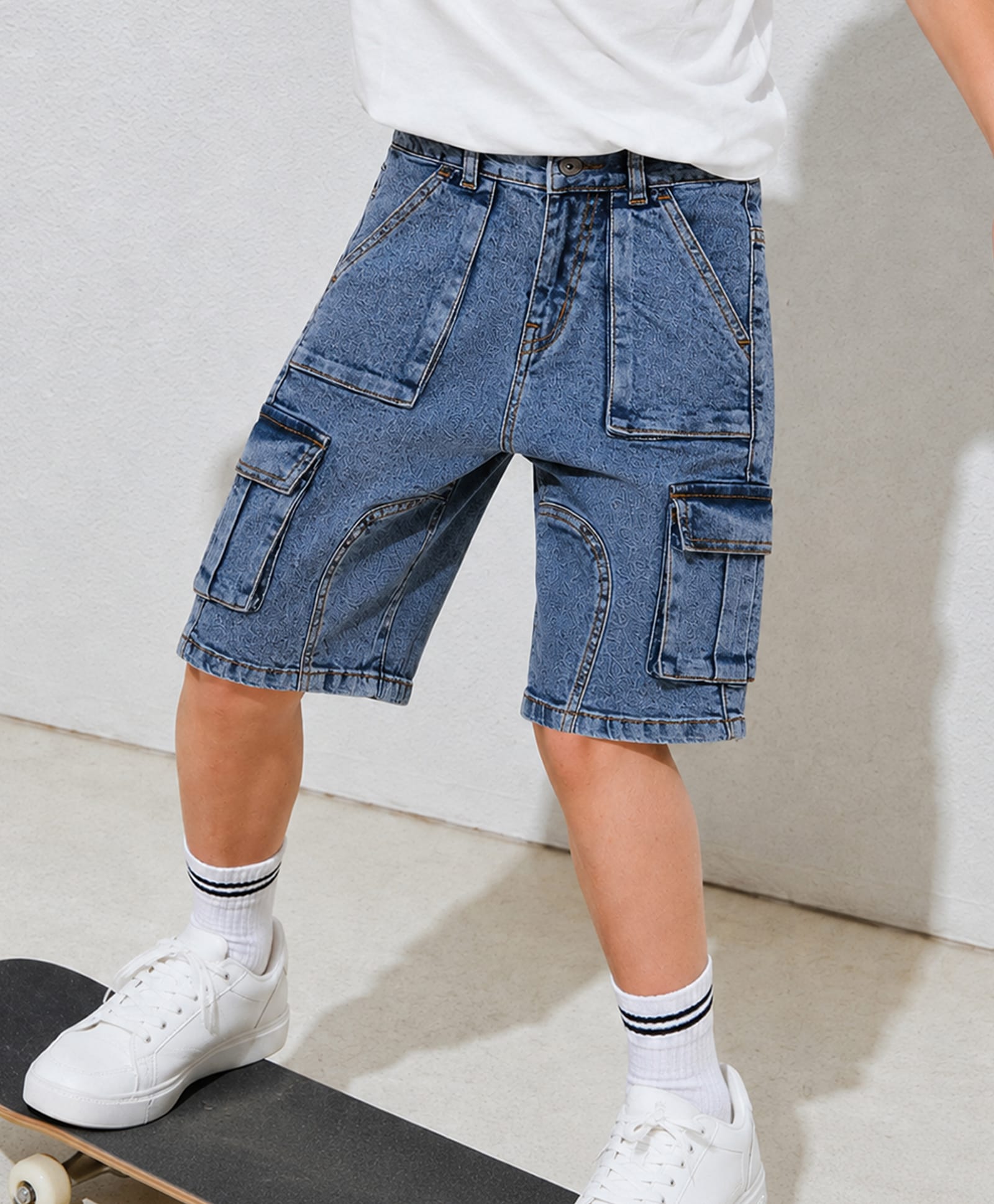 PURPLE UNITED KIDS Denim Woven Washed Cargo Shorts - Light Blue-picture-10