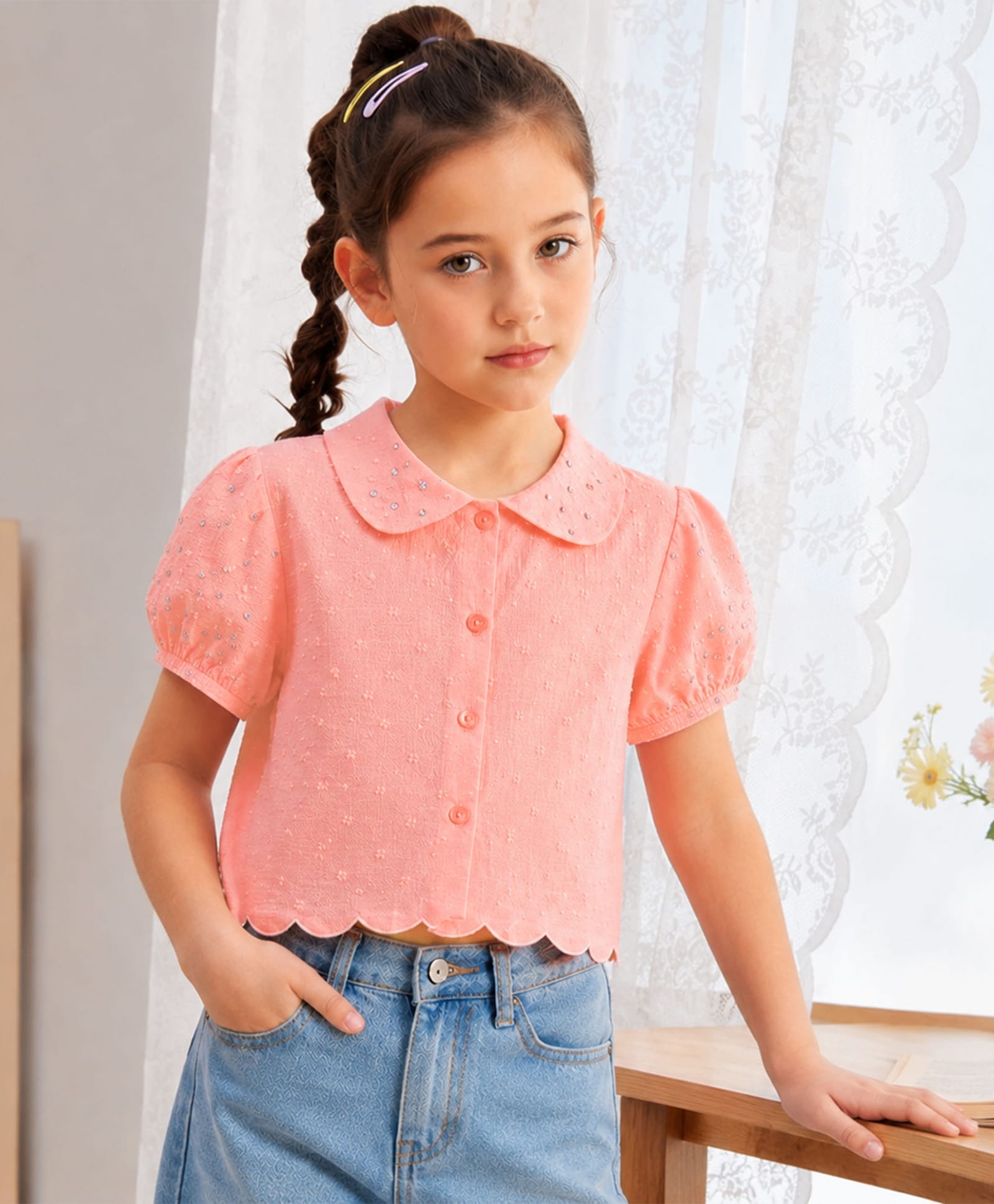PURPLE UNITED KIDS Cotton Woven Half Sleeves Stone Embellished & Floral Embroidered Top - Peach-picture-27
