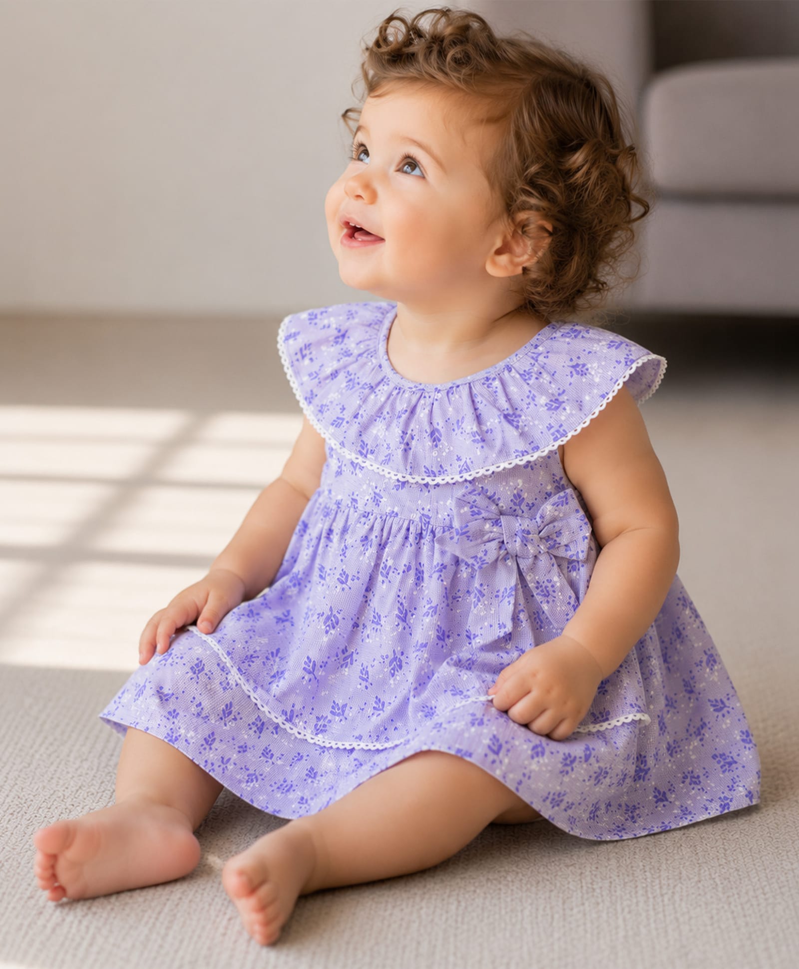 PURPLE UNITED KIDS Cotton Woven Sleeveless Lace Embellished Frill Detailed & Floral Printed Dress With Bloomer - Lavender-image-3