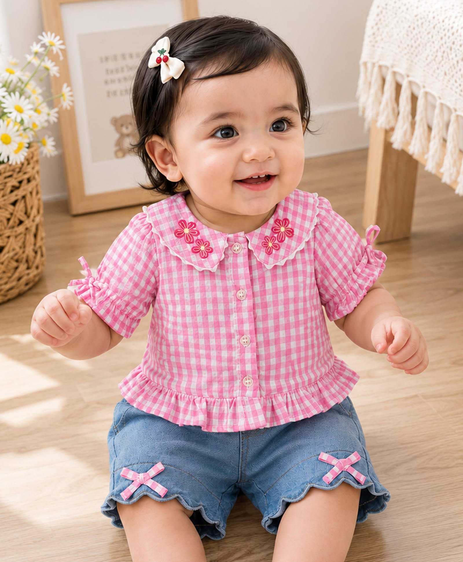 PURPLE UNITED KIDS Cotton Woven Half Peasant Sleeves Floral Applique Detailed & Gingham Checked Top & Shorts - Pink & Light Blue-image-32
