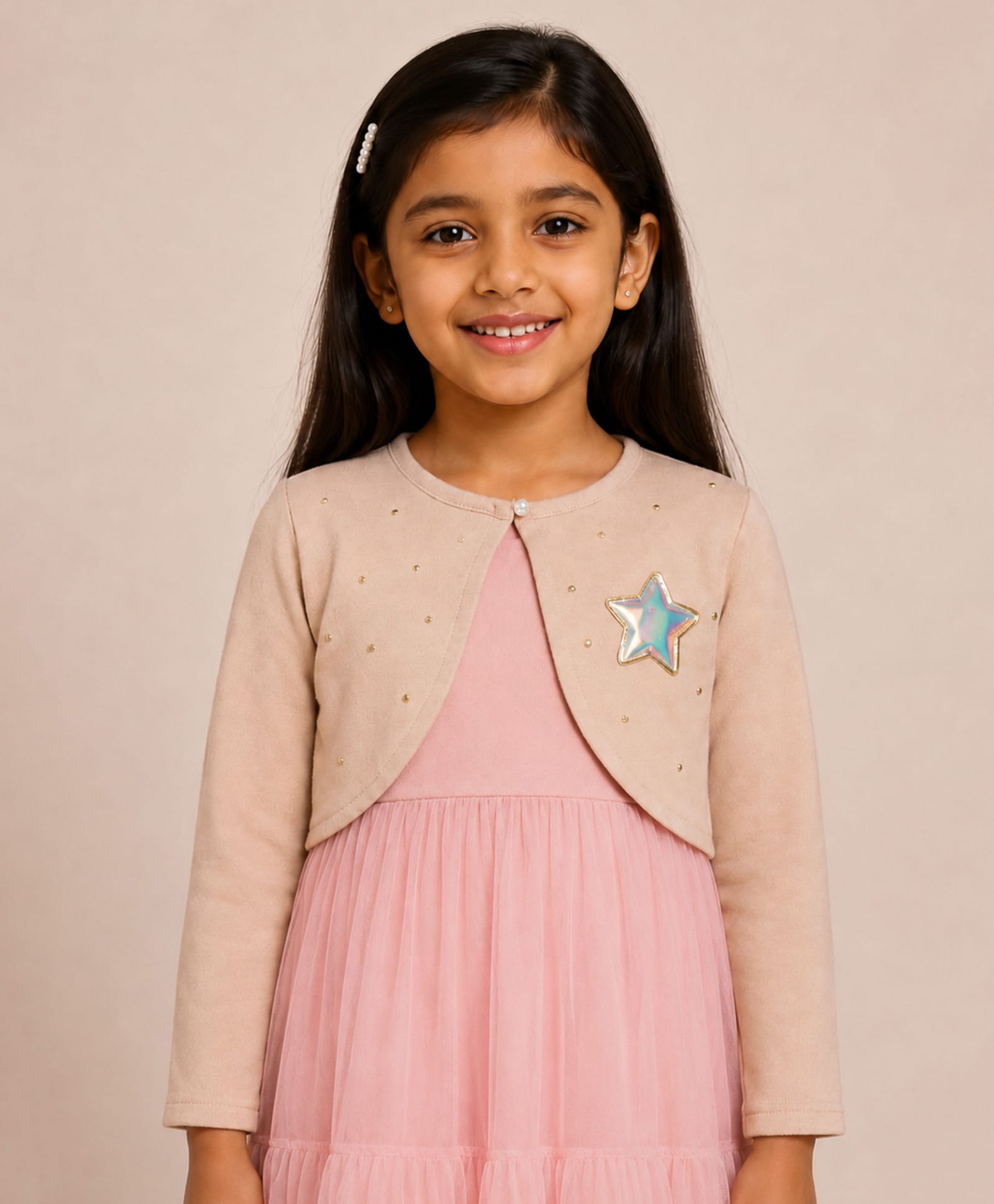 Kiddopanti Fleece Knit Full Sleeves Pearl Embellished Star Applique Detailed Cropped Shrug - Beige-image-12