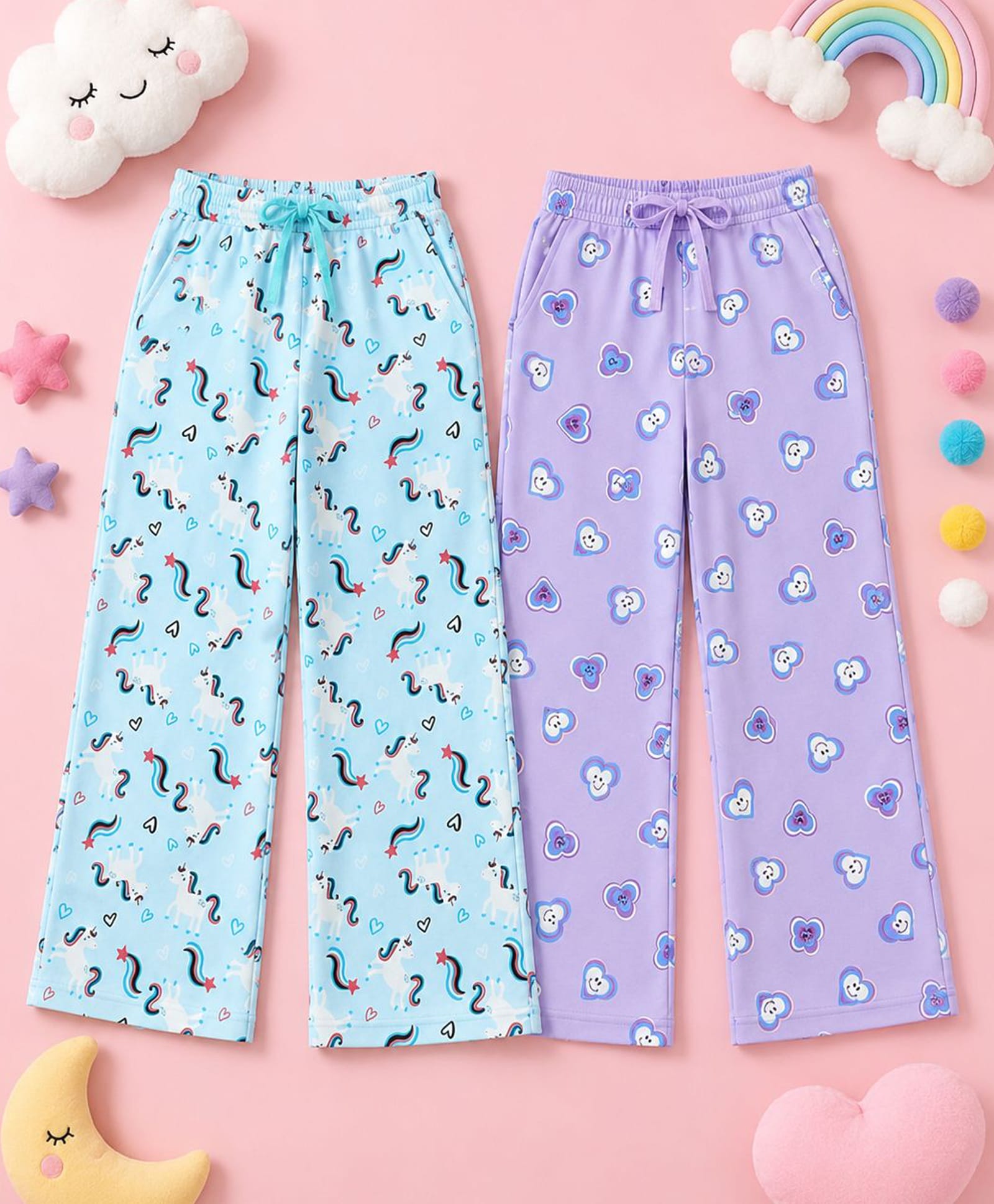 Kiddopanti Cotton Knit Pack Of 2 Smiley Heart & Rainbow Printed Pyjamas - Lavender & Aqua Blue-picture-25