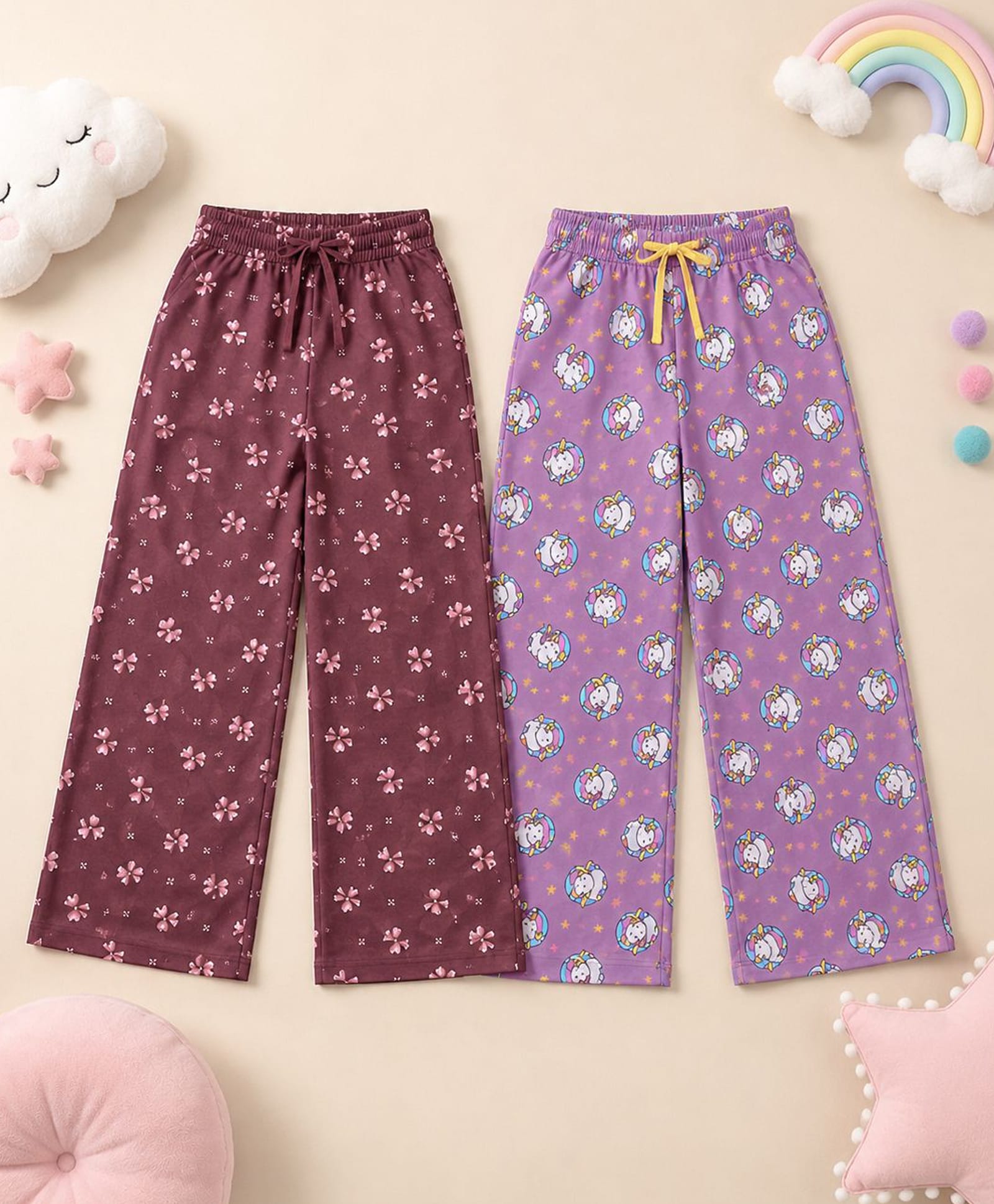 Kiddopanti Cotton Knit Pack Of 2 Smiley Bow & Unicorn Printed Pyjamas - Wine & Magenta Purple-picture-14