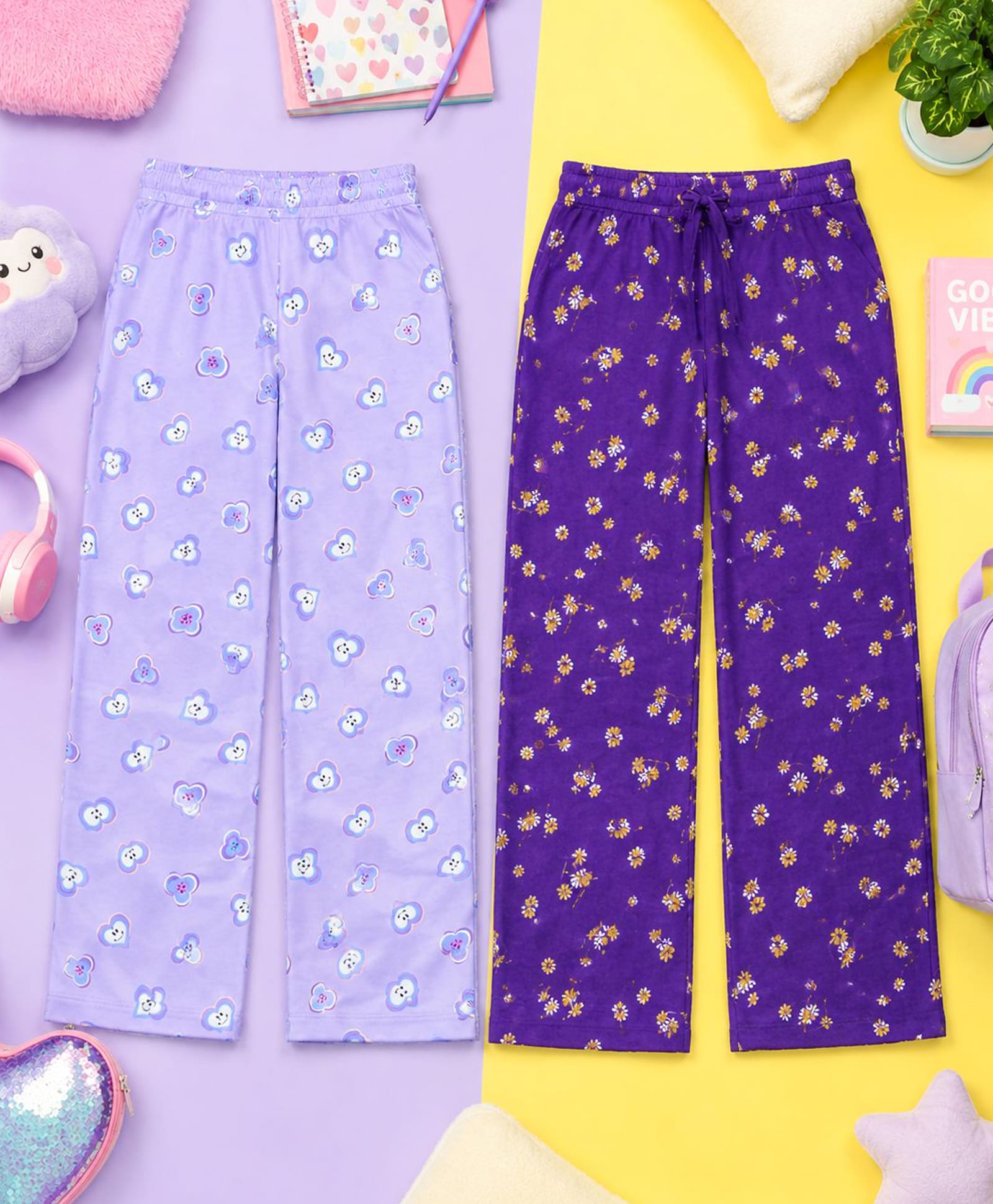 Kiddopanti Cotton Knit Pack Of 2 Smiley Heart & Floral Printed Pyjamas - Purple & Lavender-picture-26