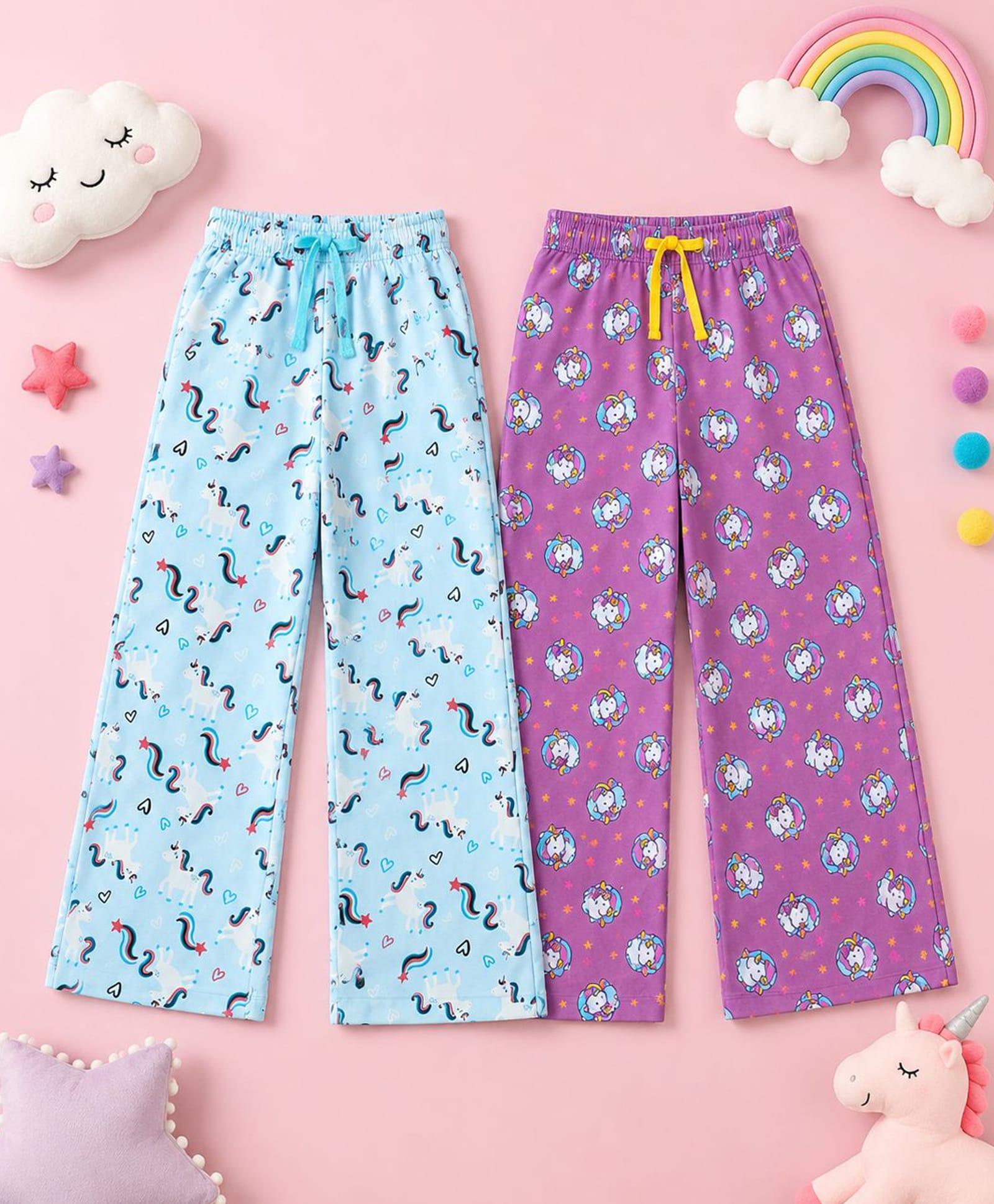 Kiddopanti Cotton Knit Pack Of 2 Smiley Shooting Star & Unicorn Printed Pyjamas - Magenta Purple & Aqua Blue-picture-18