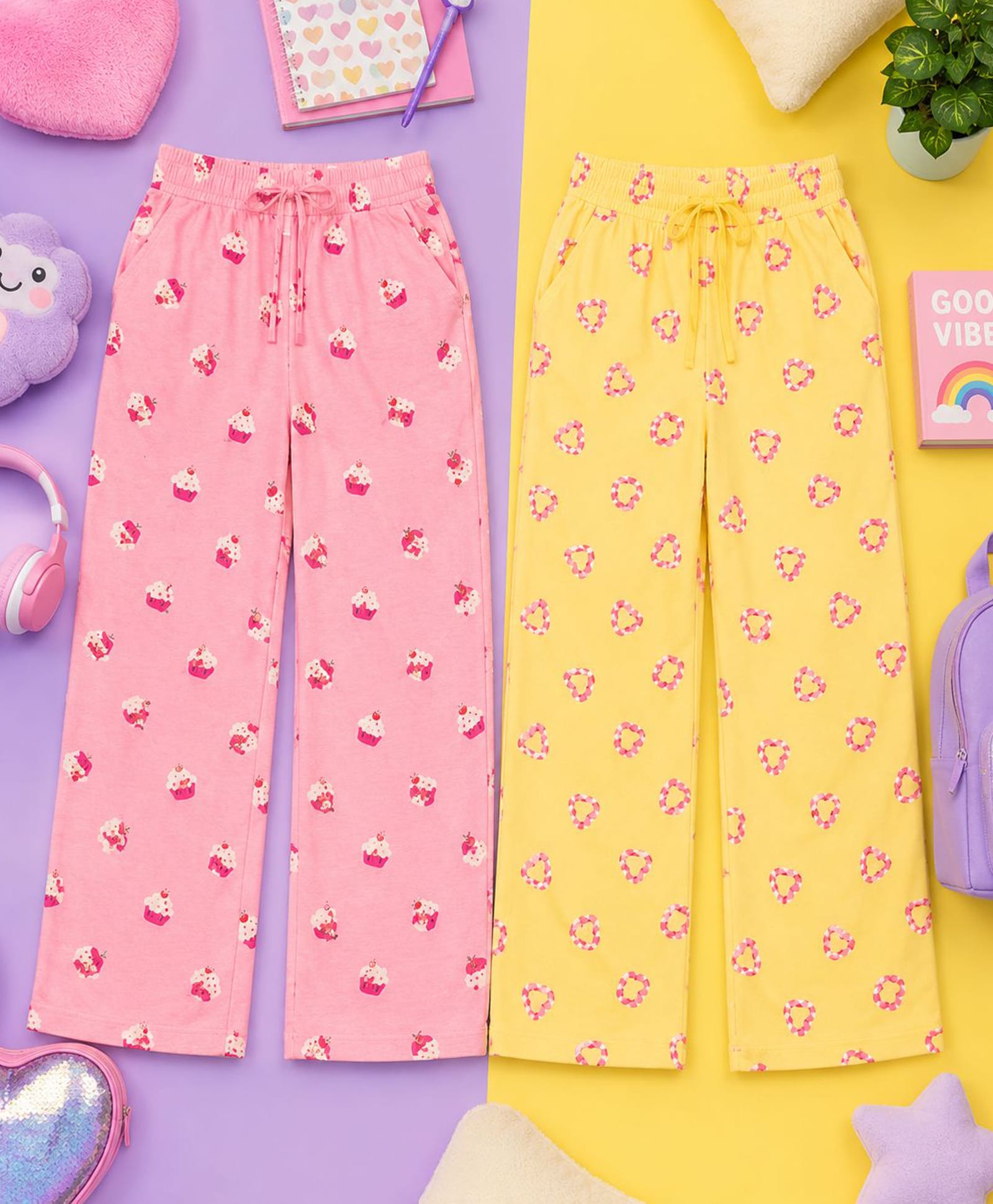 Kiddopanti Cotton Knit Pack Of 2 Cupcakes & Candy Cane Hearts Printed Pyjamas - Yellow & Candy Pink-image-39