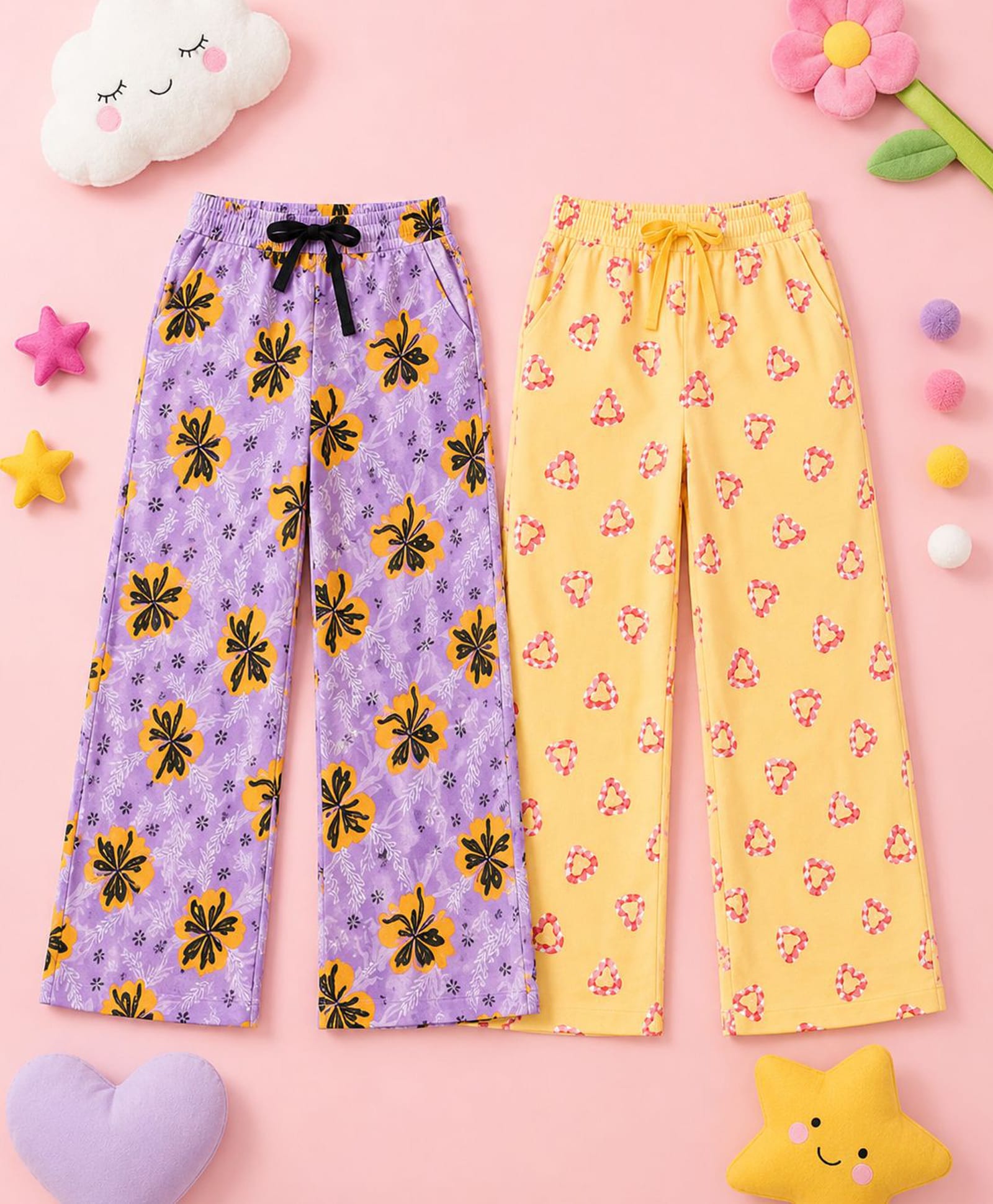 Kiddopanti Cotton Knit Pack Of 2 Floral & Candy Cane Hearts Printed Pyjamas - Lilac & Yellow-image-43
