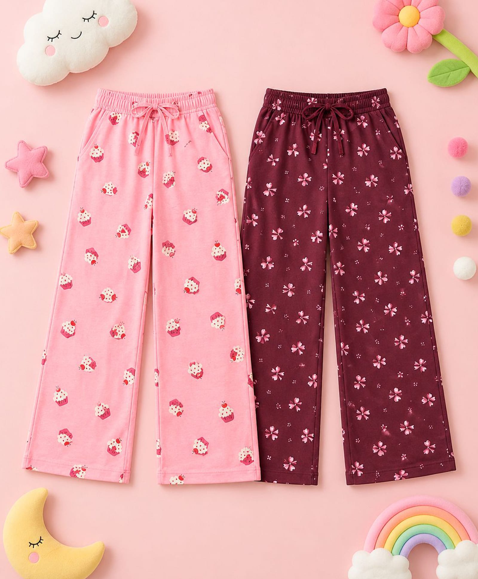 Kiddopanti Cotton Knit Pack Of 2 Cupcakes & Bows Printed Pyjamas - Wine & Candy Pink-image-12
