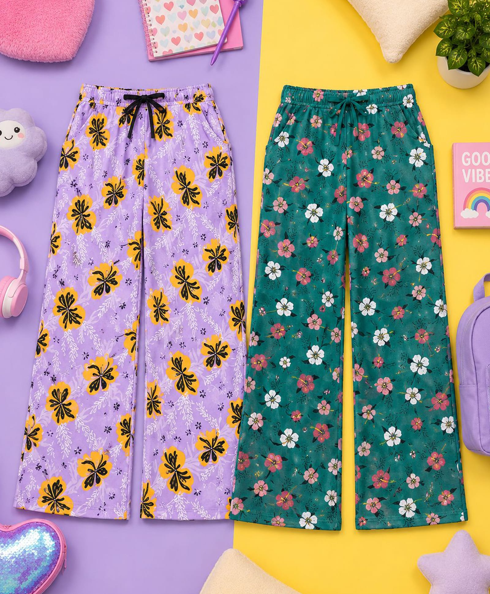 Kiddopanti Cotton Knit Pack Of 2 Floral Printed Pyjamas - Lilac & Forest Green-image-6