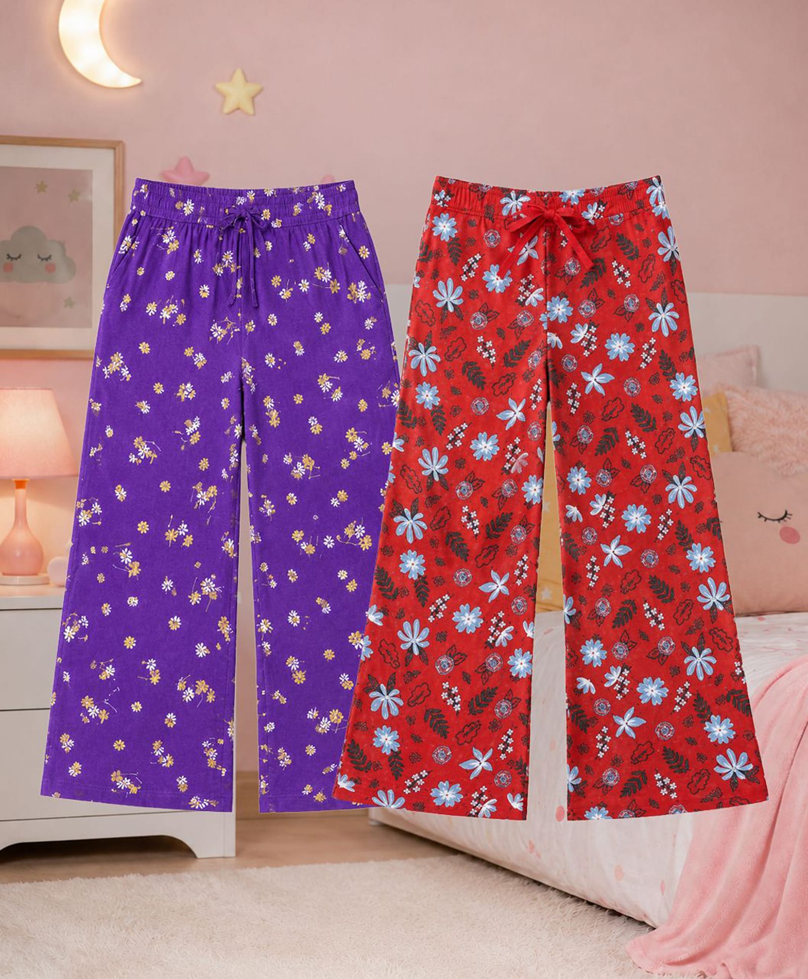 Kiddopanti Cotton Knit Pack Of 2 Floral Printed Pyjamas - Cherry Red & Purple-image-37