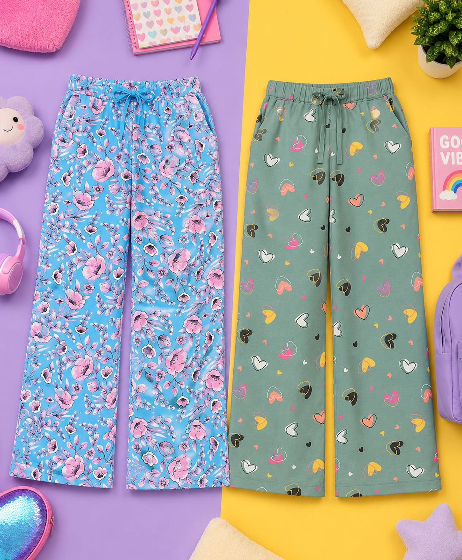 Kiddopanti Cotton Knit Pack Of 2 Floral & Hearts Printed Pyjamas - Sage Blue & Aqua Blue-image-5