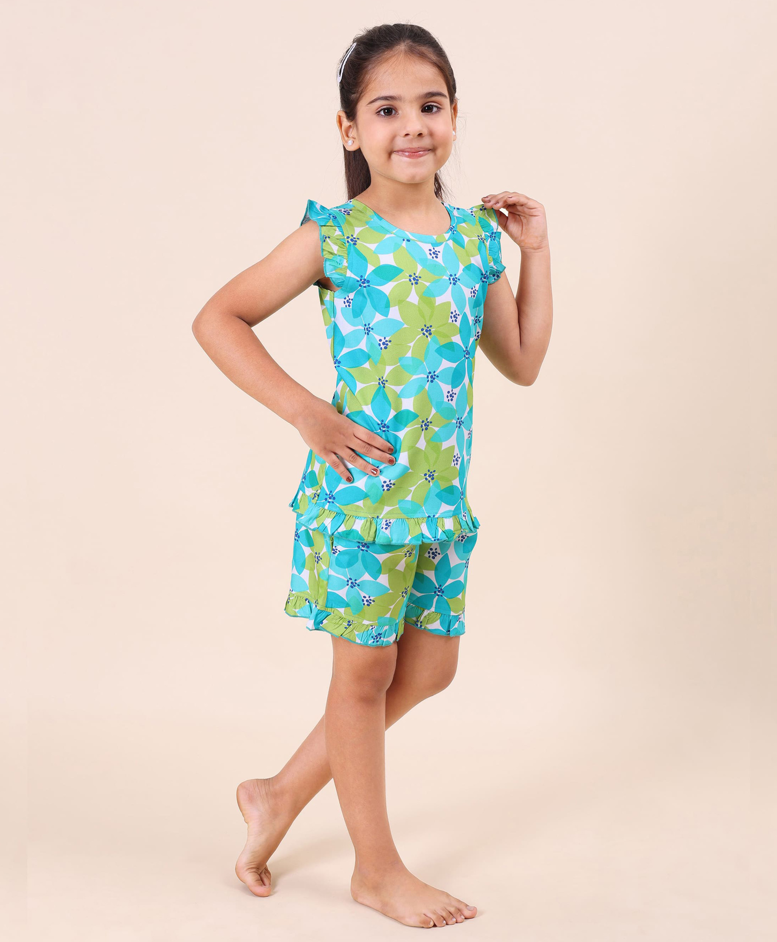 Casa De NeeNee Rayon Woven Sleeveless Floral Printed Coordinating Top & Shorts Set - Blue-picture-12