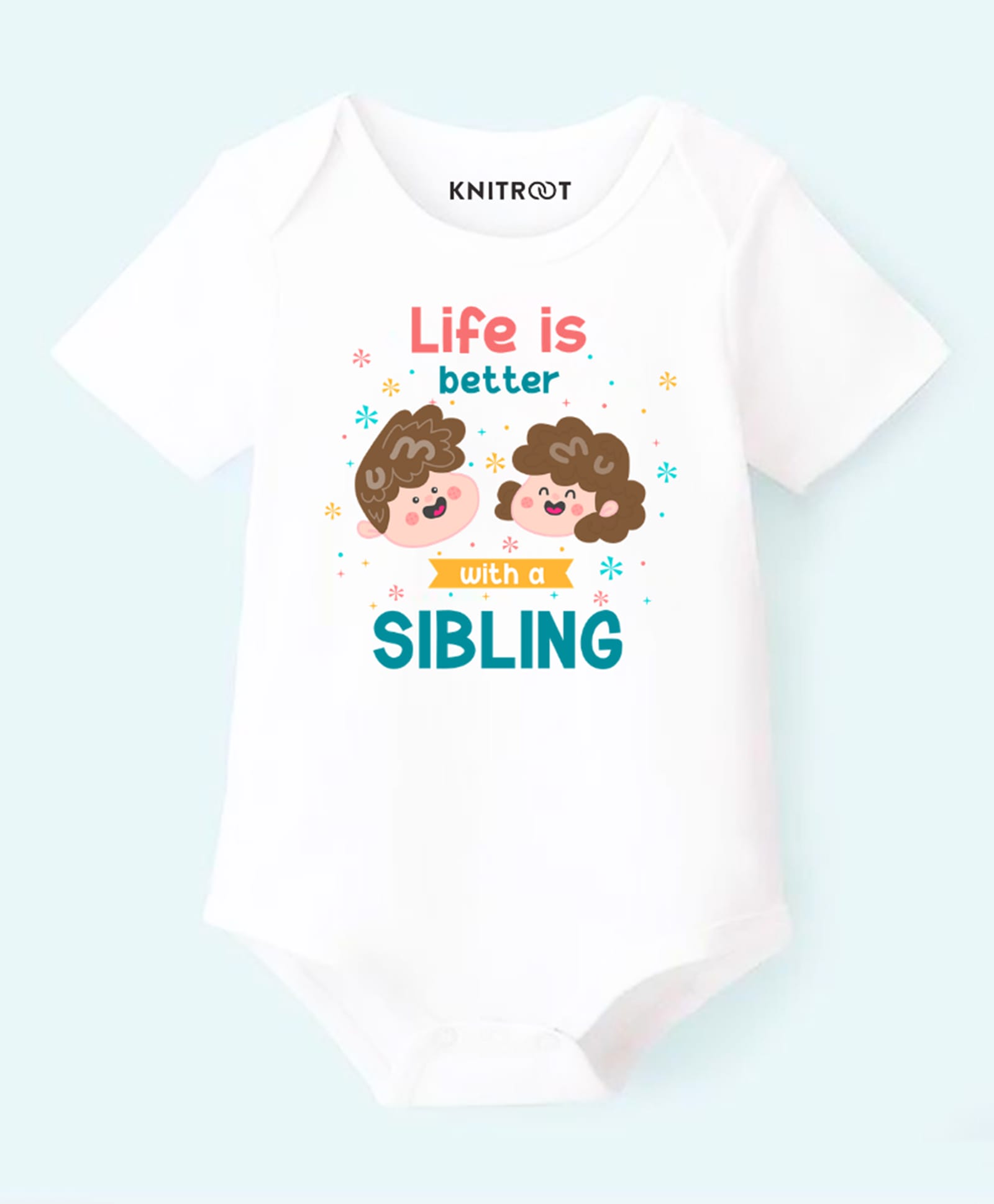 KNITROOT Cotton Knit Half Sleeves Life Is Better With A Sibling Text Printed Onesie - White-image-45