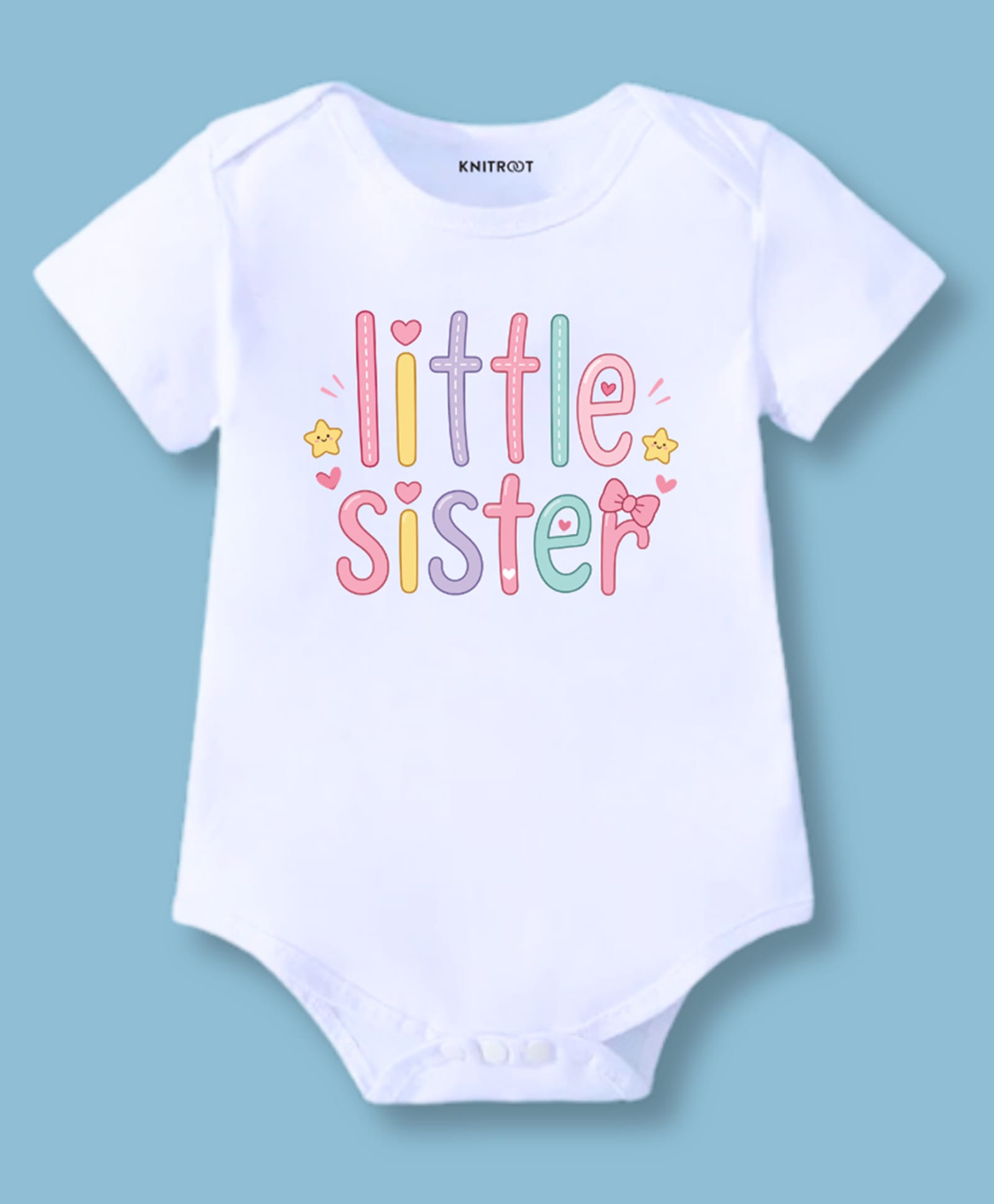 KNITROOT Cotton Knit Half Sleeves Little Sister Text Printed Onesie - White-picture-28