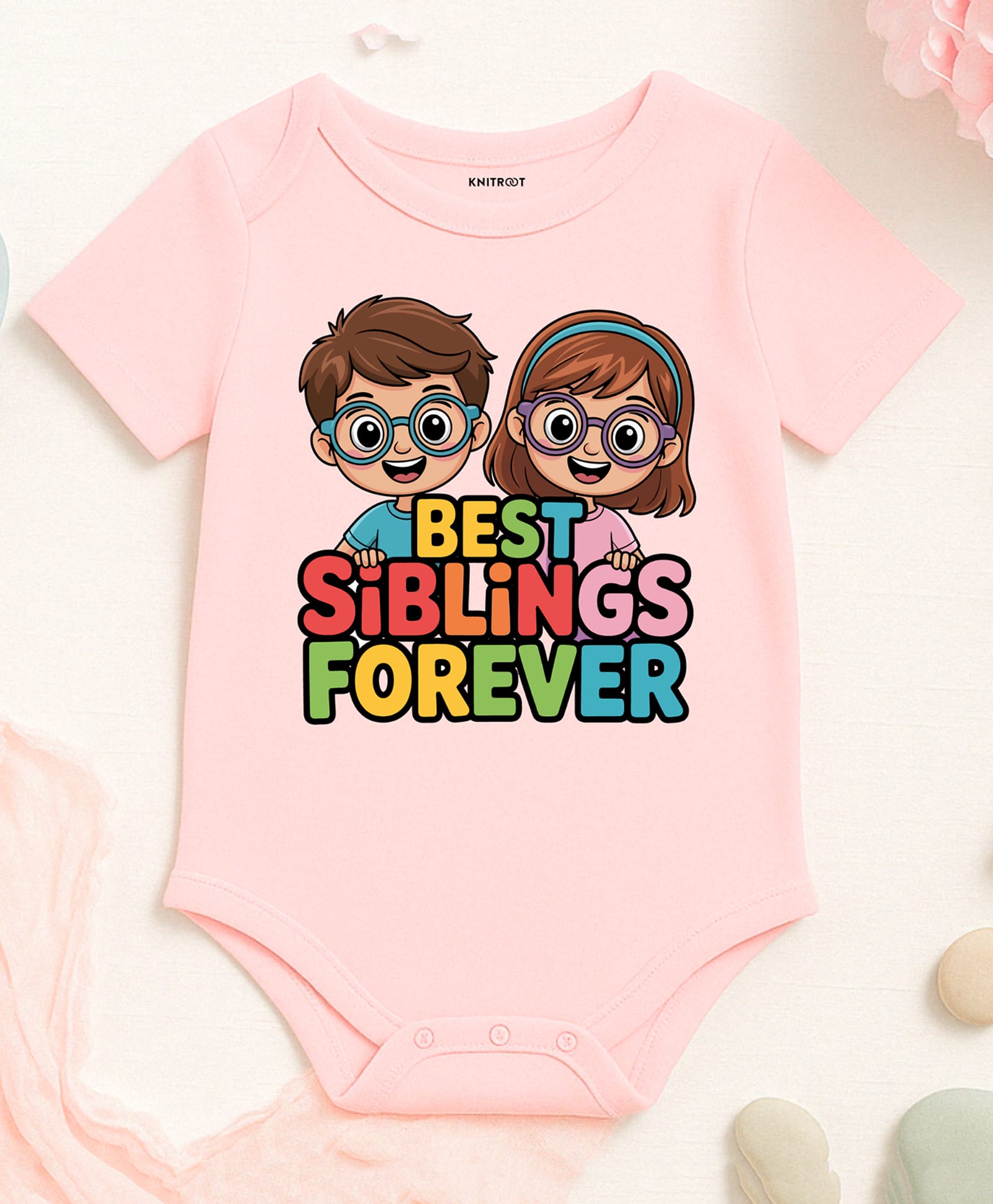 KNITROOT Cotton Knit Half Sleeves Best Siblings Forever Text Printed Onesie - Pink-picture-11