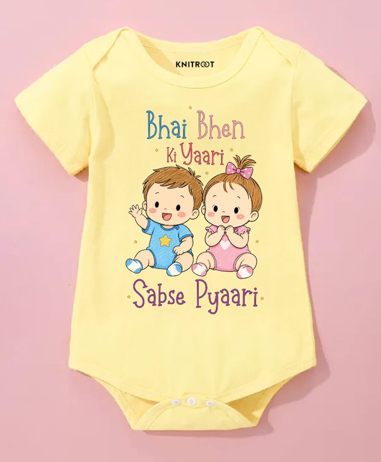 KNITROOT Cotton Knit Half Sleeves Bhai Bhen Ki Yaari Sabse Pyaari Text Printed Onesie - Yellow-picture-19