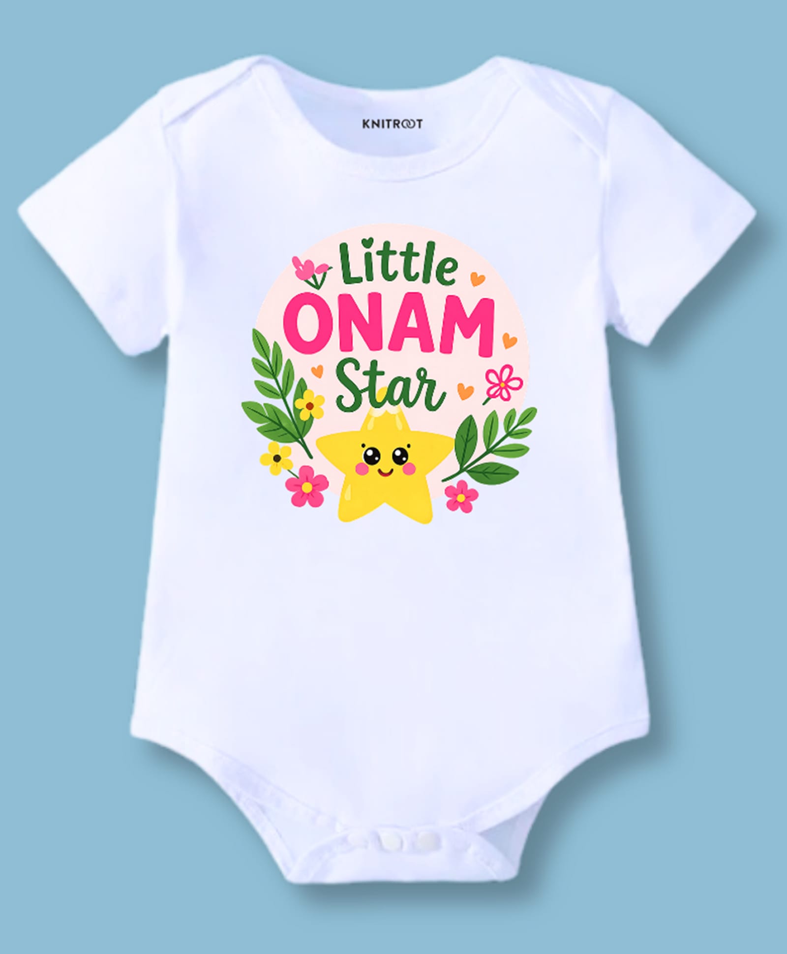 KNITROOT Cotton Knit Onam Theme Half Sleeves Little Onam Star Text Printed Onesie - White-image-42