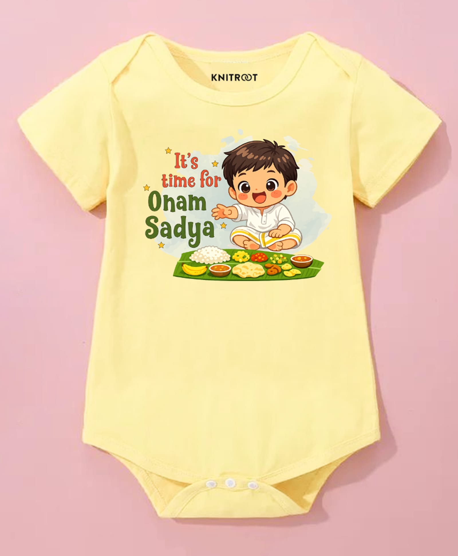 KNITROOT Cotton Knit Onam Theme Half Sleeves Its Time For Onam Sadya Text Printed Onesie - Yellow-image-15