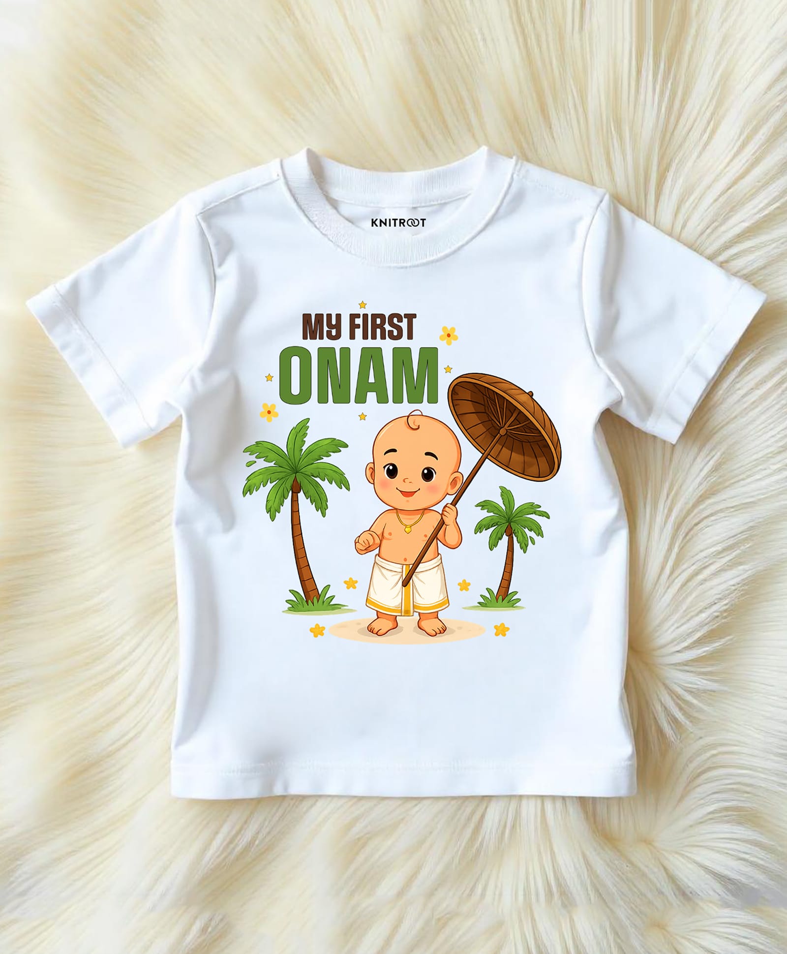 KNITROOT Cotton Knit Onam Theme Half Sleeves My First Onam Text Printed Tee - White-picture-10