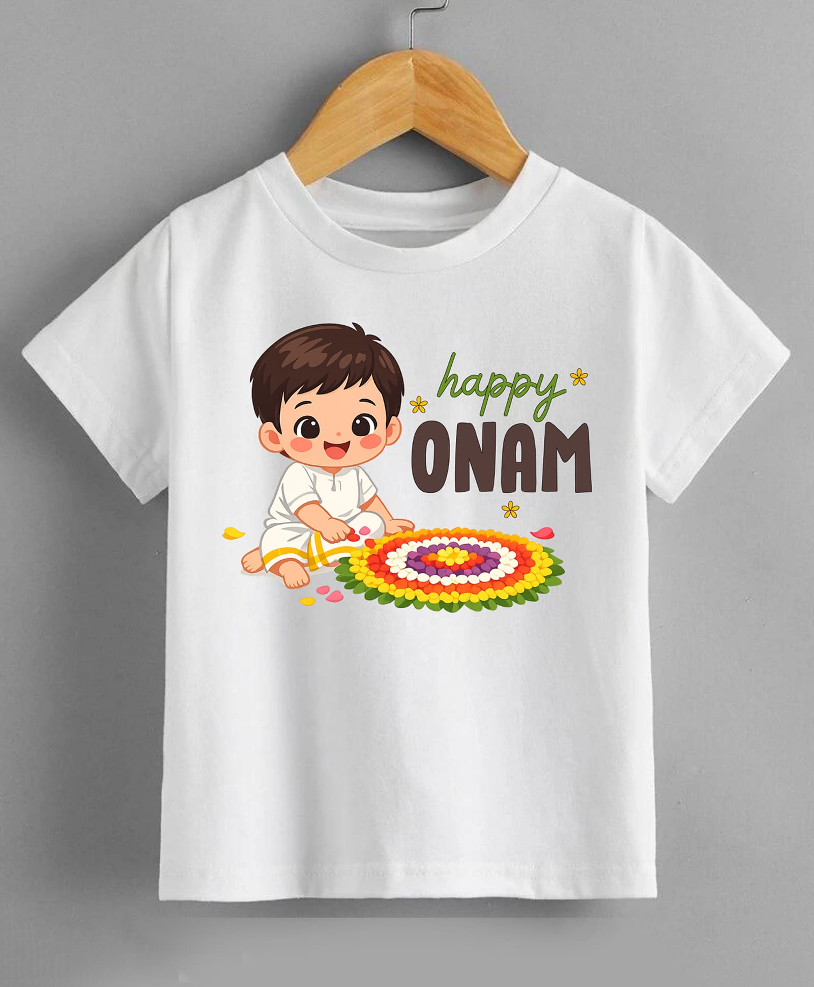 KNITROOT Cotton Knit Onam Theme Half Sleeves Happy Onam Text Printed Tee - White-picture-20