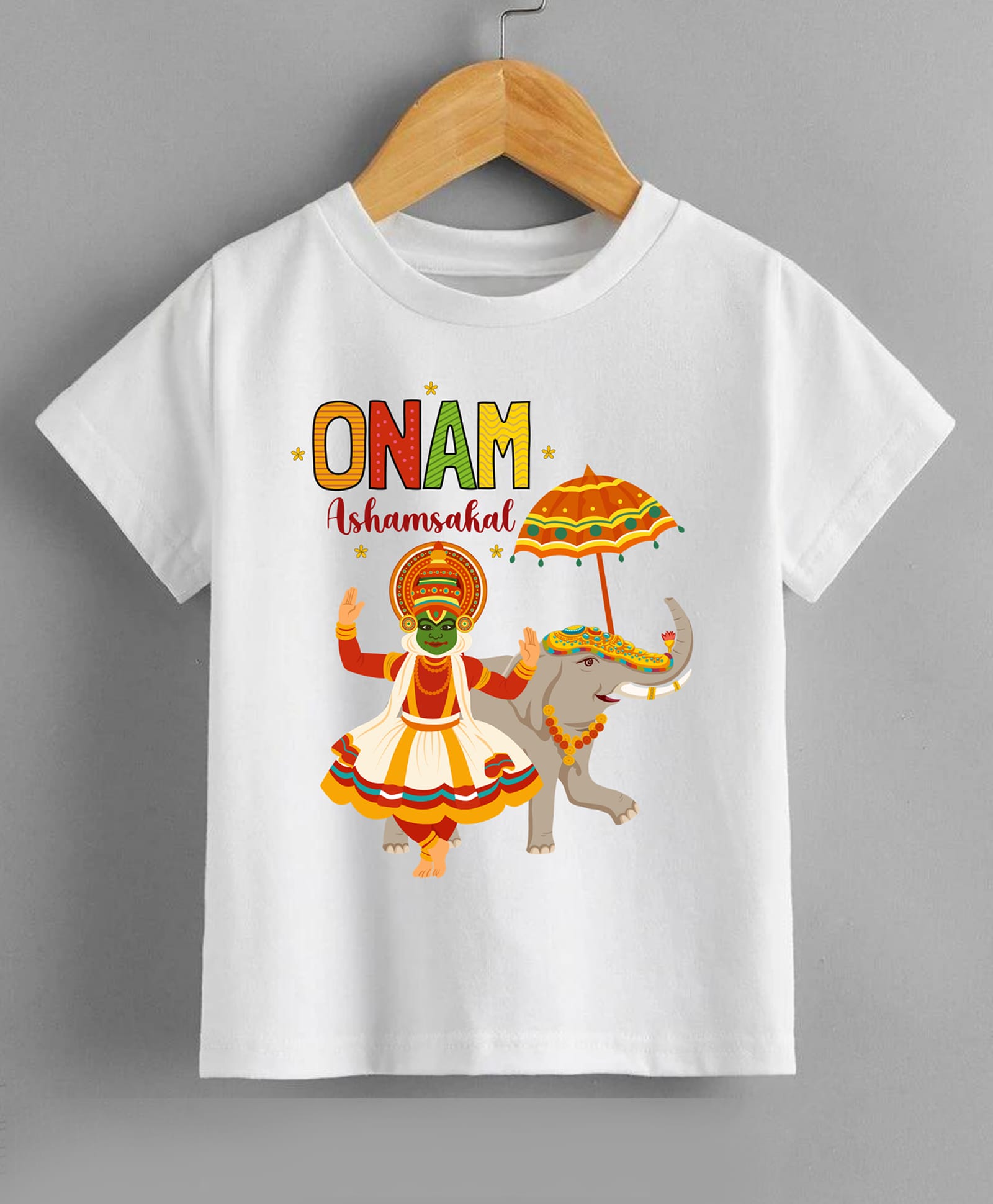 KNITROOT Cotton Knit Onam Theme Half Sleeves Onam Ashamsakal Text Printed Tee - White-picture-25