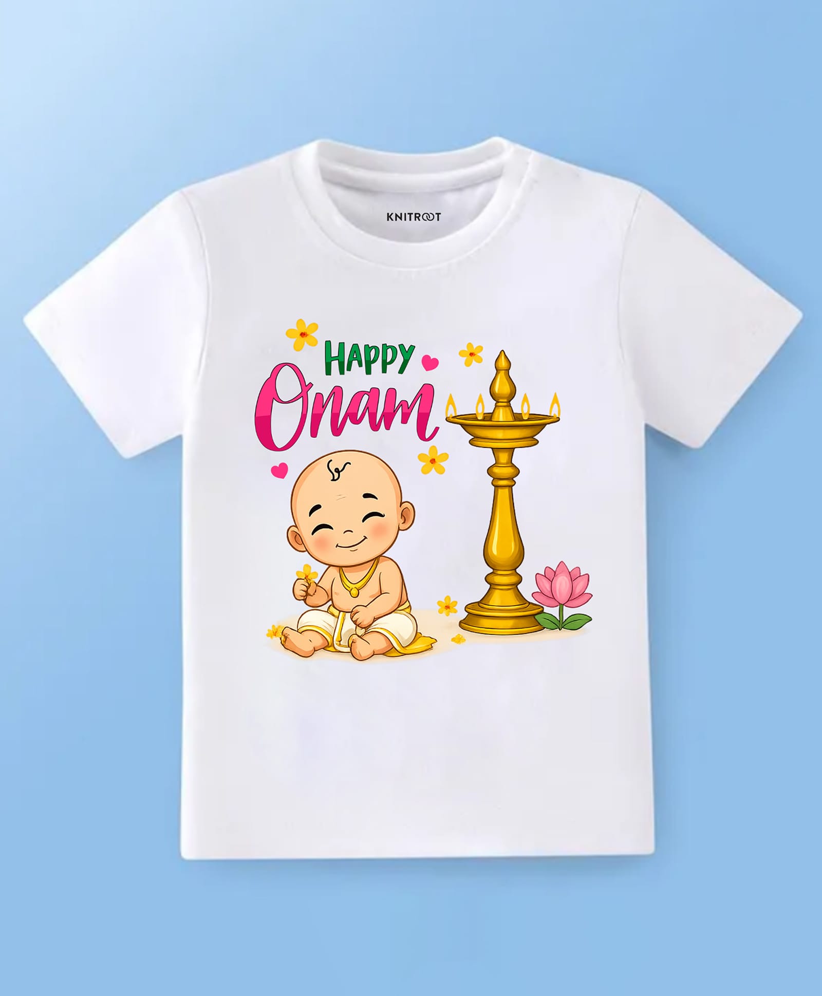 KNITROOT Cotton Knit Onam Theme Half Sleeves Happy Onam Text Printed Tee - White-picture-24