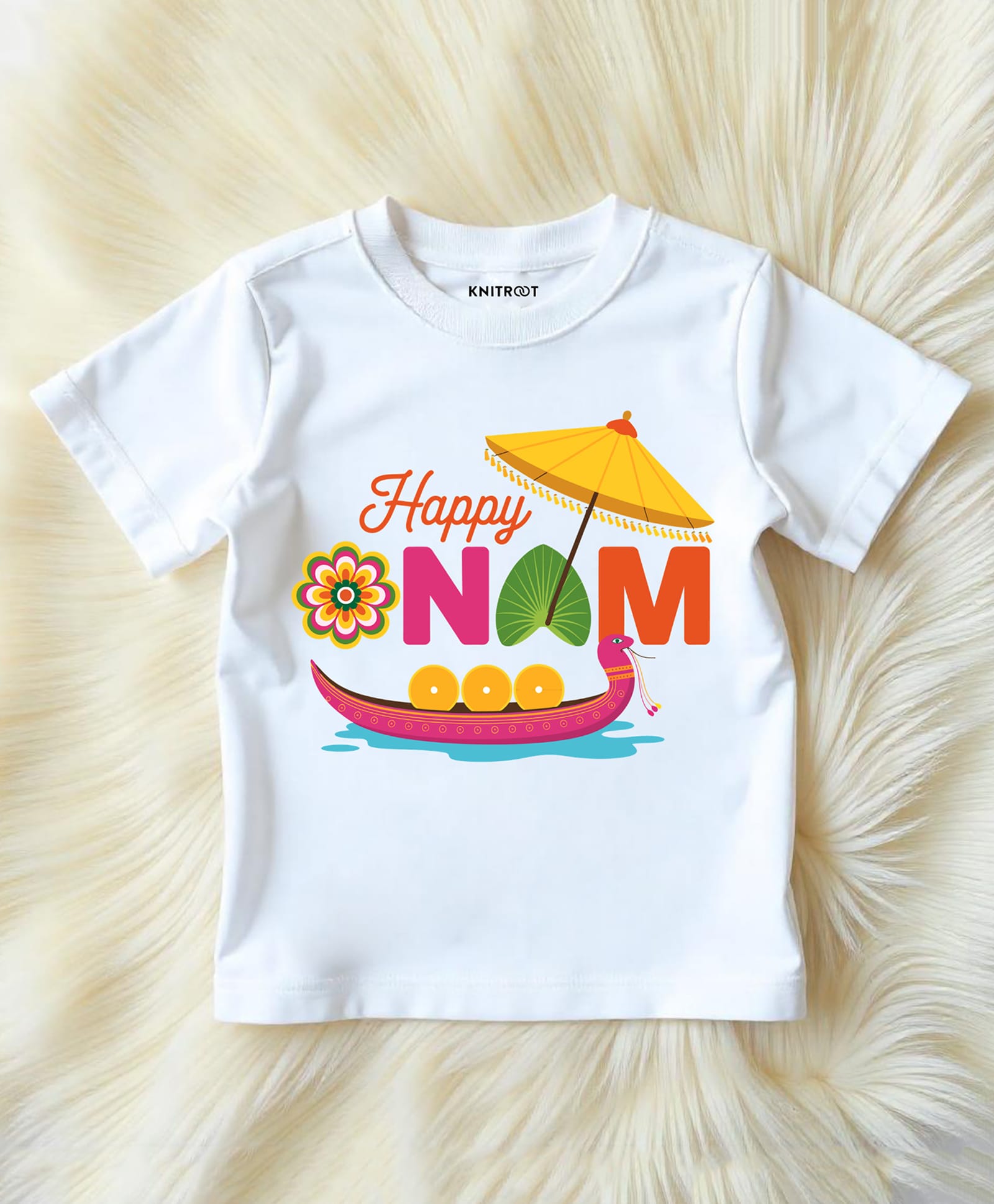 KNITROOT Cotton Knit Onam Theme Half Sleeves Happy Onam Text Printed Tee - White-picture-30