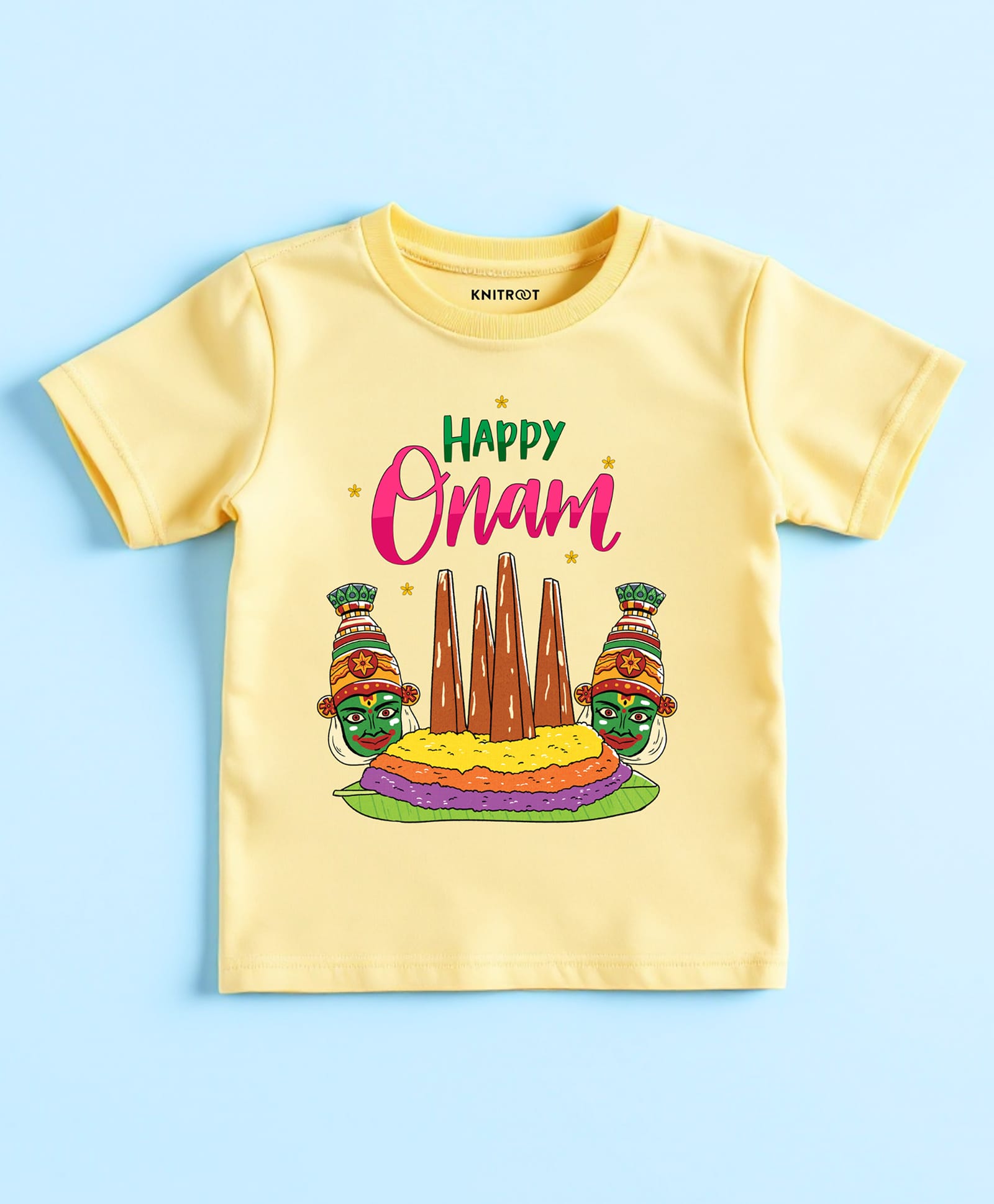 KNITROOT Cotton Knit Onam Theme Half Sleeves Happy Onam Text Printed Tee - Yellow-picture-33