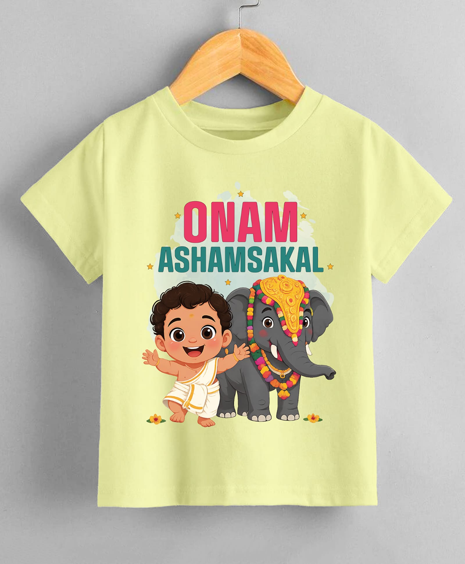 KNITROOT Cotton Knit Onam Theme Half Sleeves Onam Ashamsakal Text Printed Tee - Yellow-picture-34