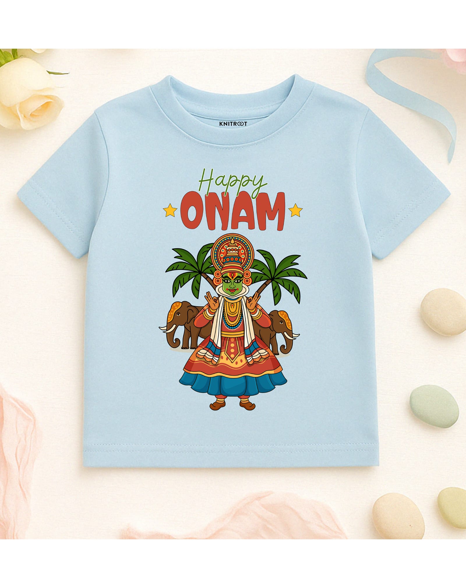 KNITROOT Cotton Knit Onam Theme Half Sleeves Happy Onam Text Printed Tee - Blue-picture-32