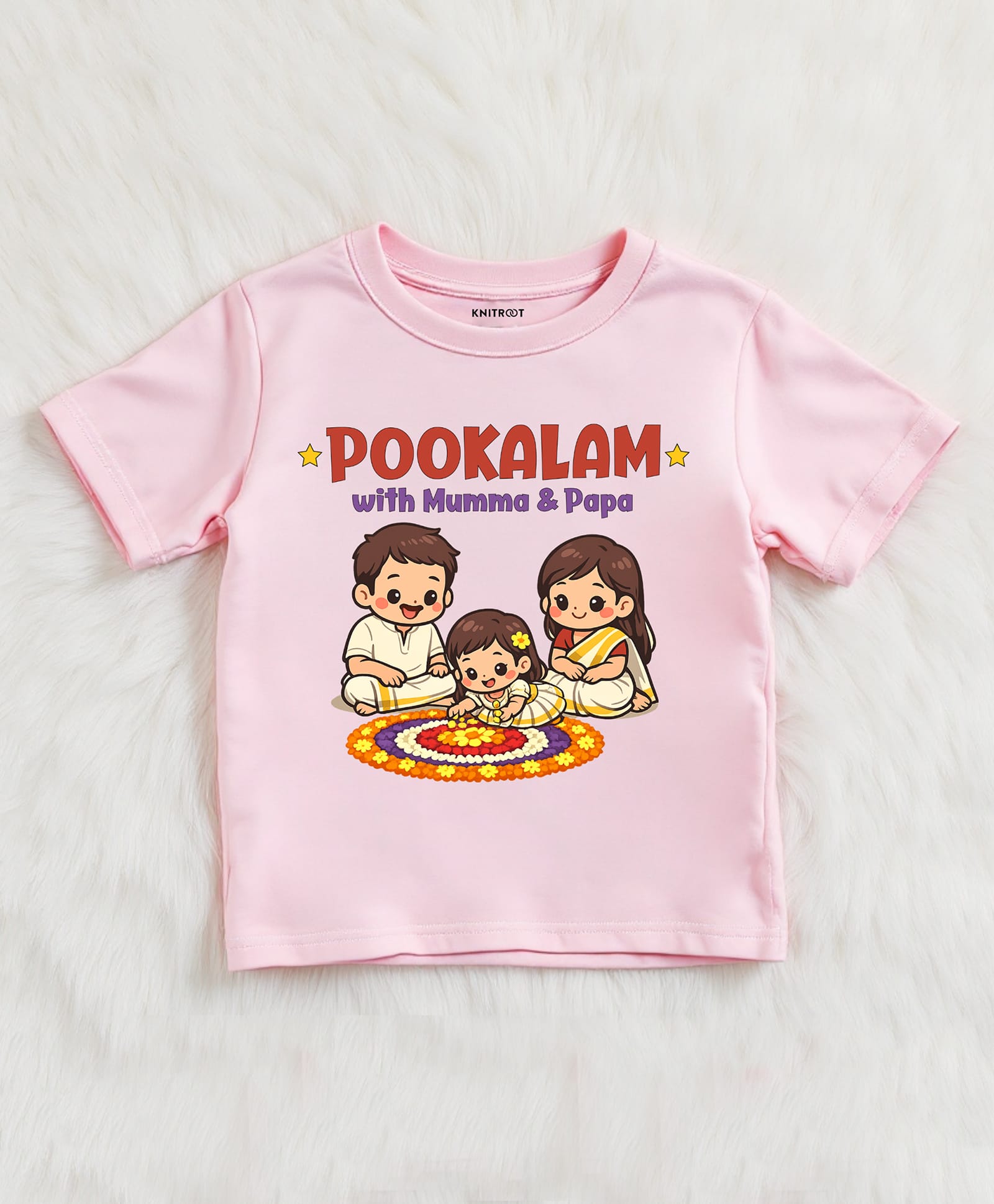 KNITROOT Cotton Knit Onam Theme Half Sleeves Pookalam With Mumma & Papa Text Printed Tee - Pink-image-37