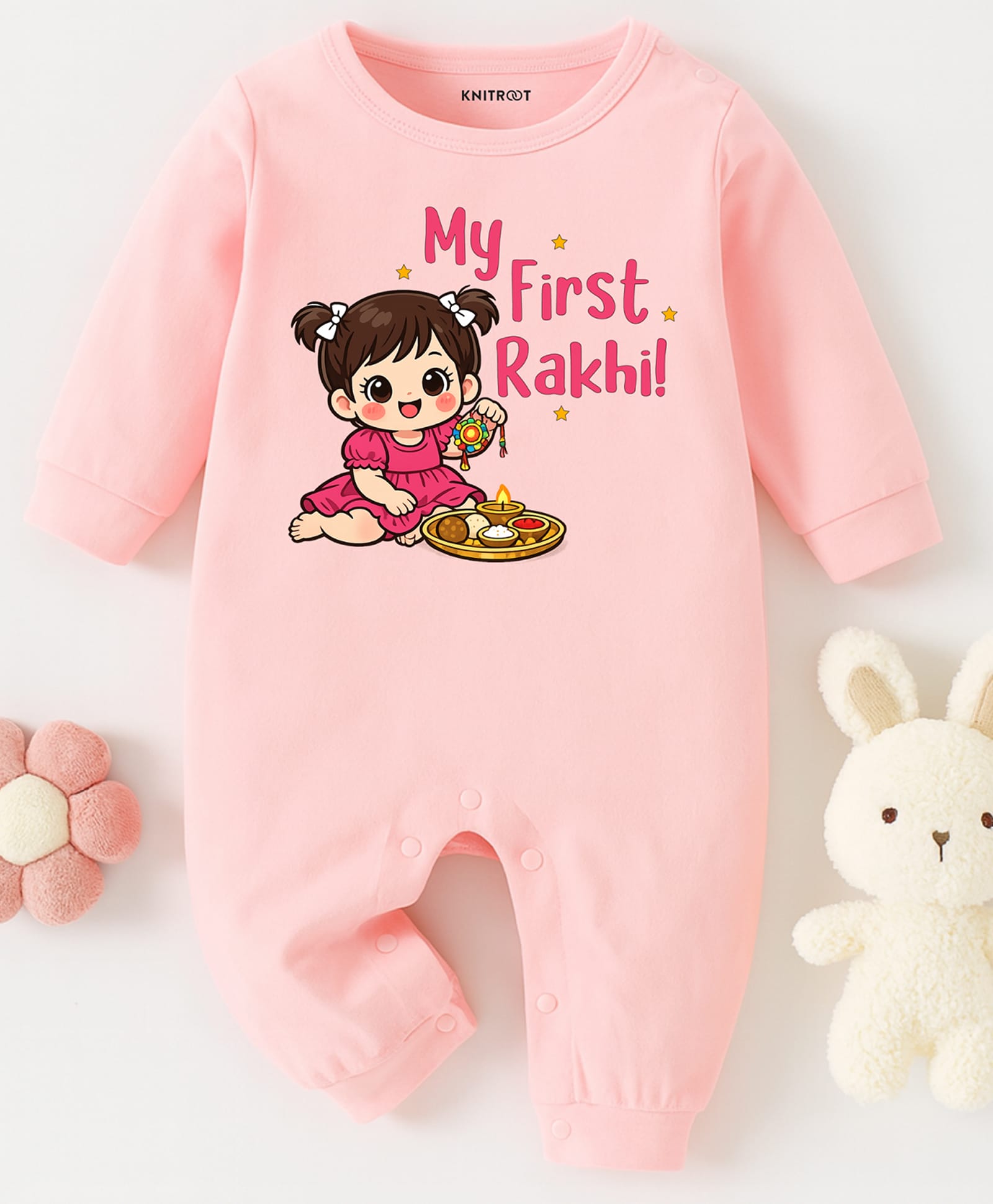 KNITROOT Cotton Knit Raksha Bandhan Theme Full Sleeves My First Rakhi Text Printed Romper - Pink-image-5