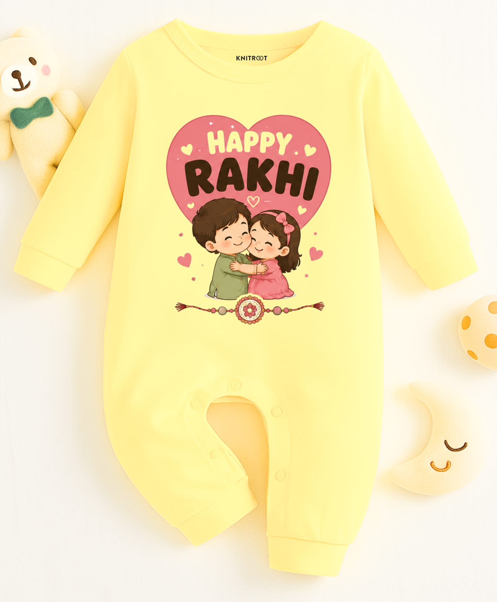 KNITROOT Cotton Knit Raksha Bandhan Theme Full Sleeves Happy Rakhi Text Printed Romper - Yellow-image-33