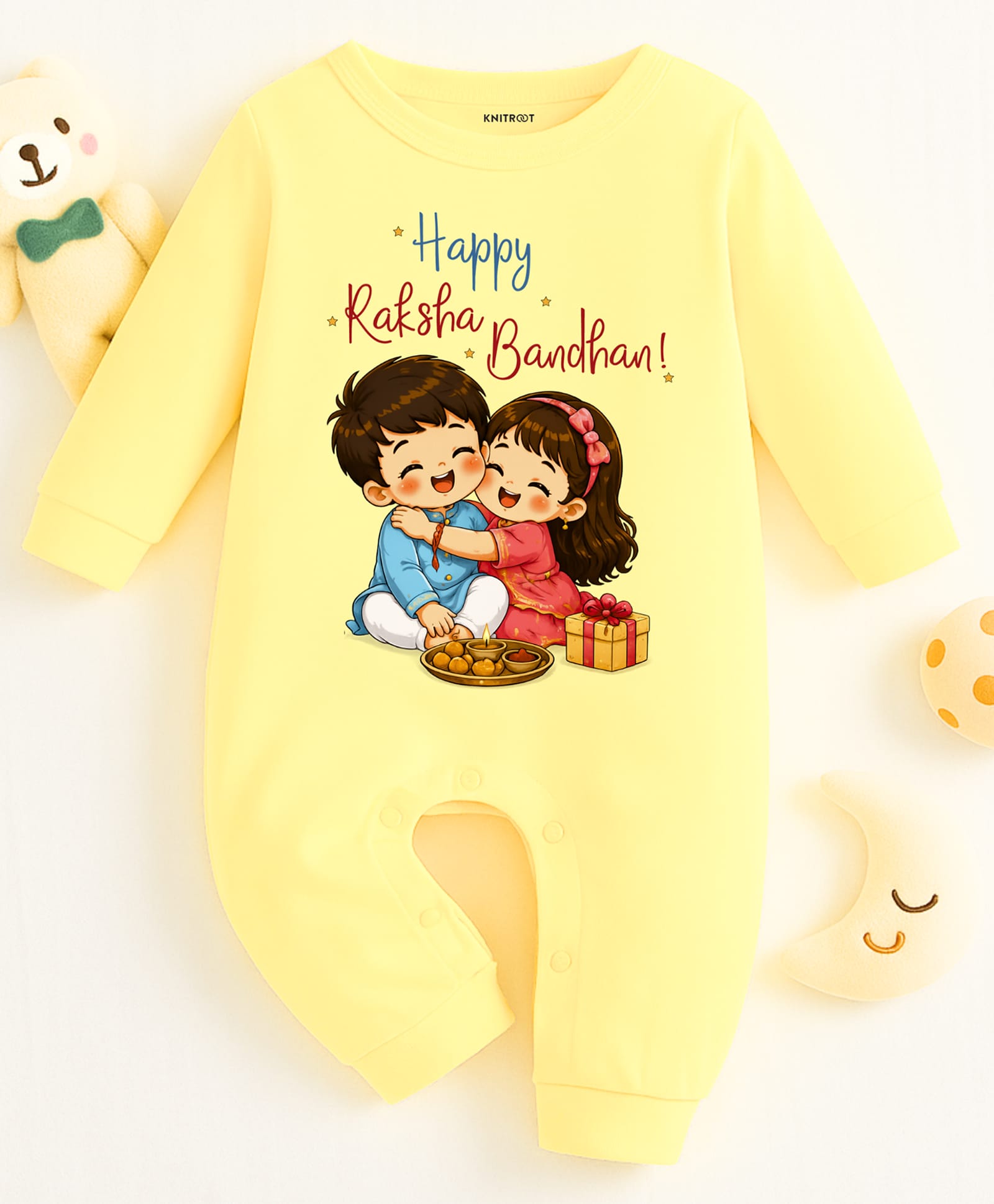 KNITROOT Cotton Knit Raksha Bandhan Theme Full Sleeves Happy Raksha Bandhan Text Printed Romper - Yellow-image-41