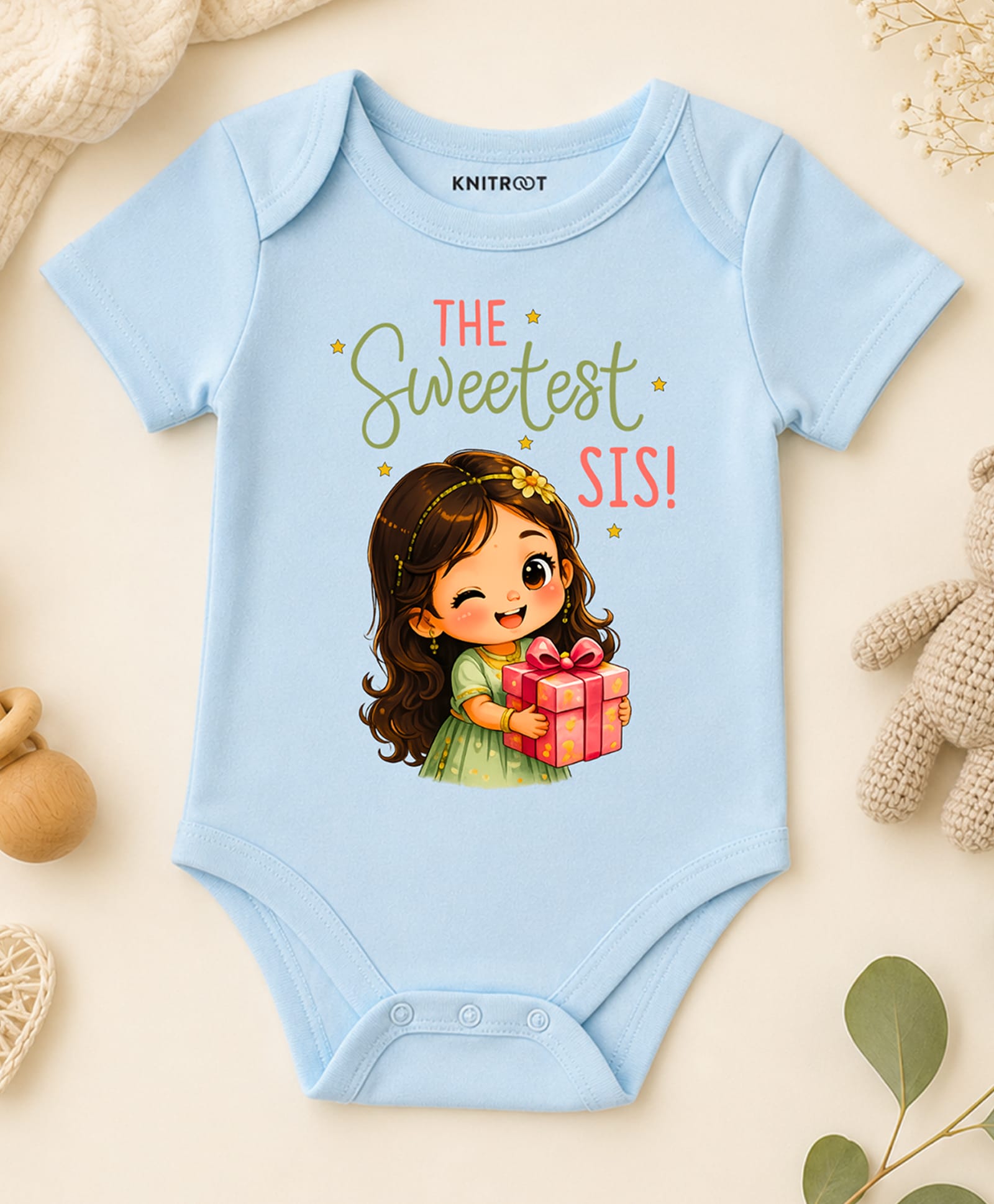 KNITROOT Cotton Knit Raksha Bandhan Theme Half Sleeves The Sweetest Sis Text Printed Onesie - Blue-image-16