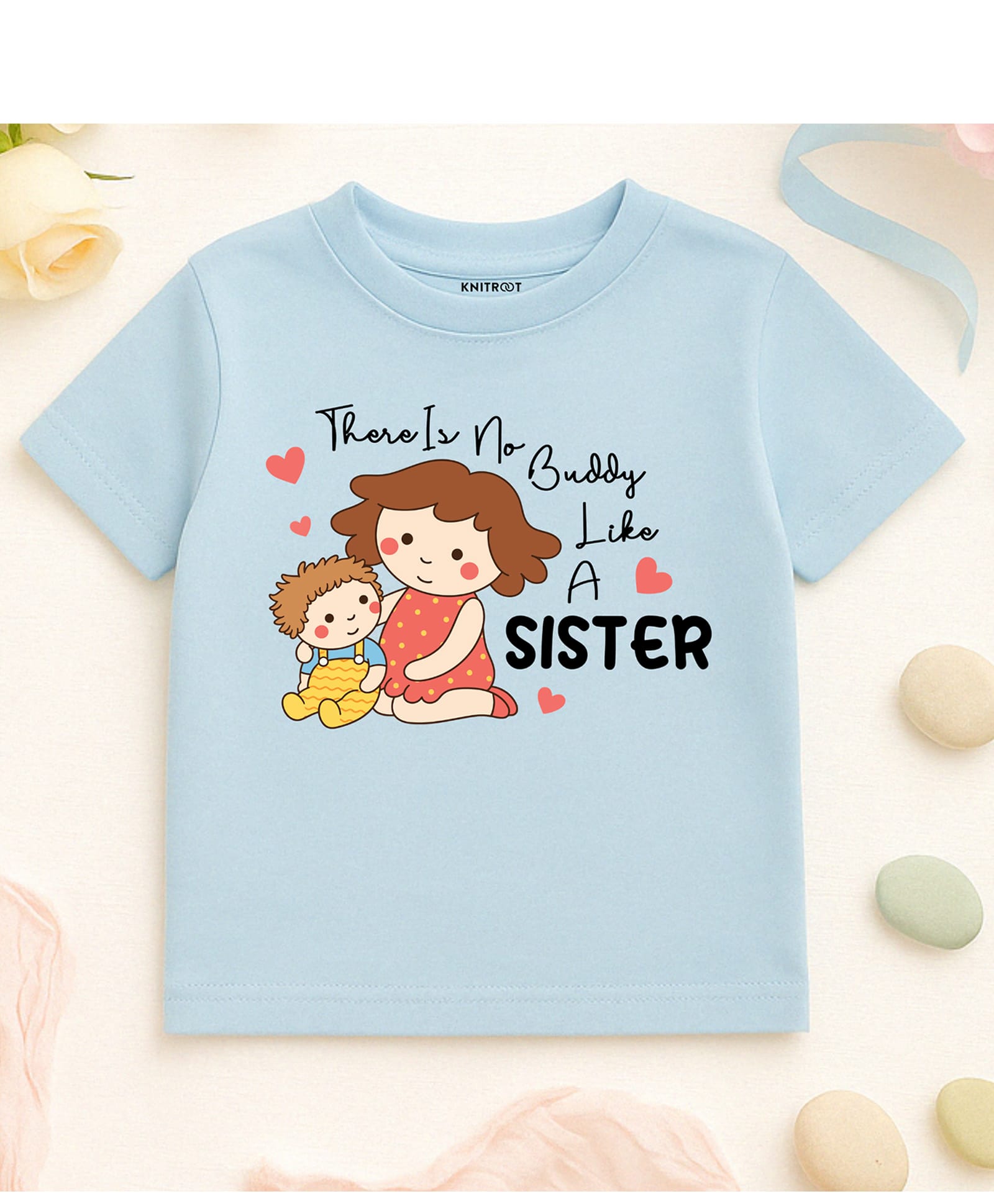 KNITROOT Cotton Knit Raksha Bandhan Theme Half Sleeves Sister Text Printed Tee - Blue-picture-19