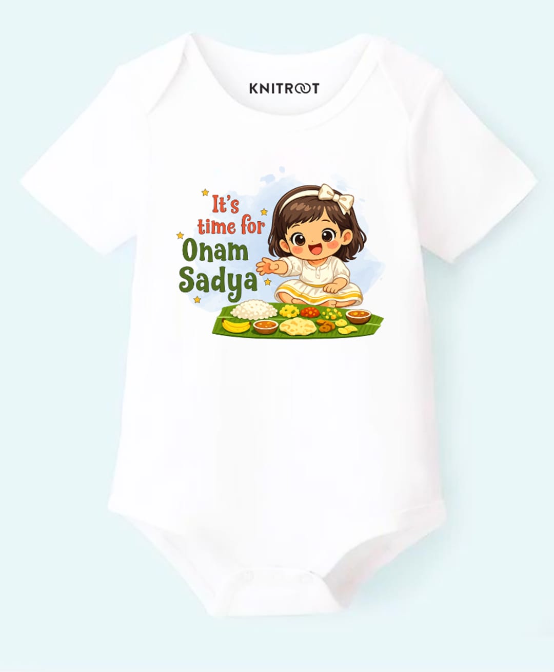 KNITROOT Cotton Knit Onam Theme Half Sleeves Its Time For Onam Sadya Text Printed Onesie - White-image-16