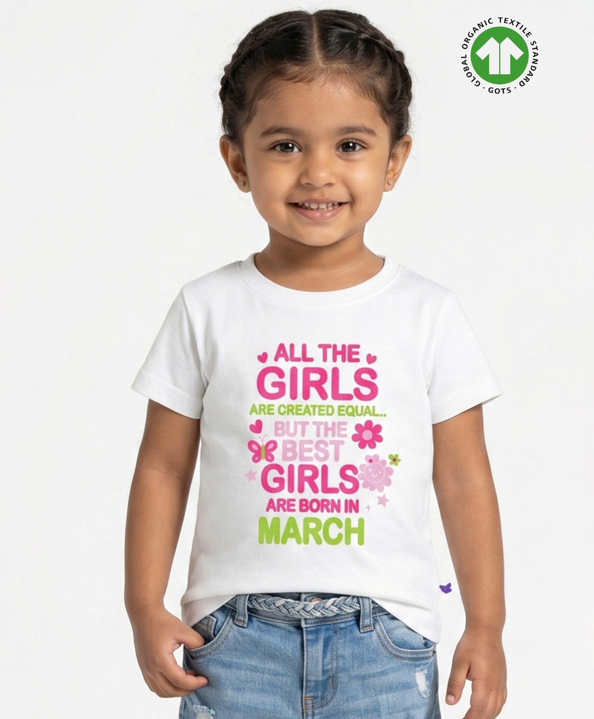 Pranava Organic Cotton Knit Half Sleeves Best Girls Are Born In March Text Printed Tee - White-picture-27